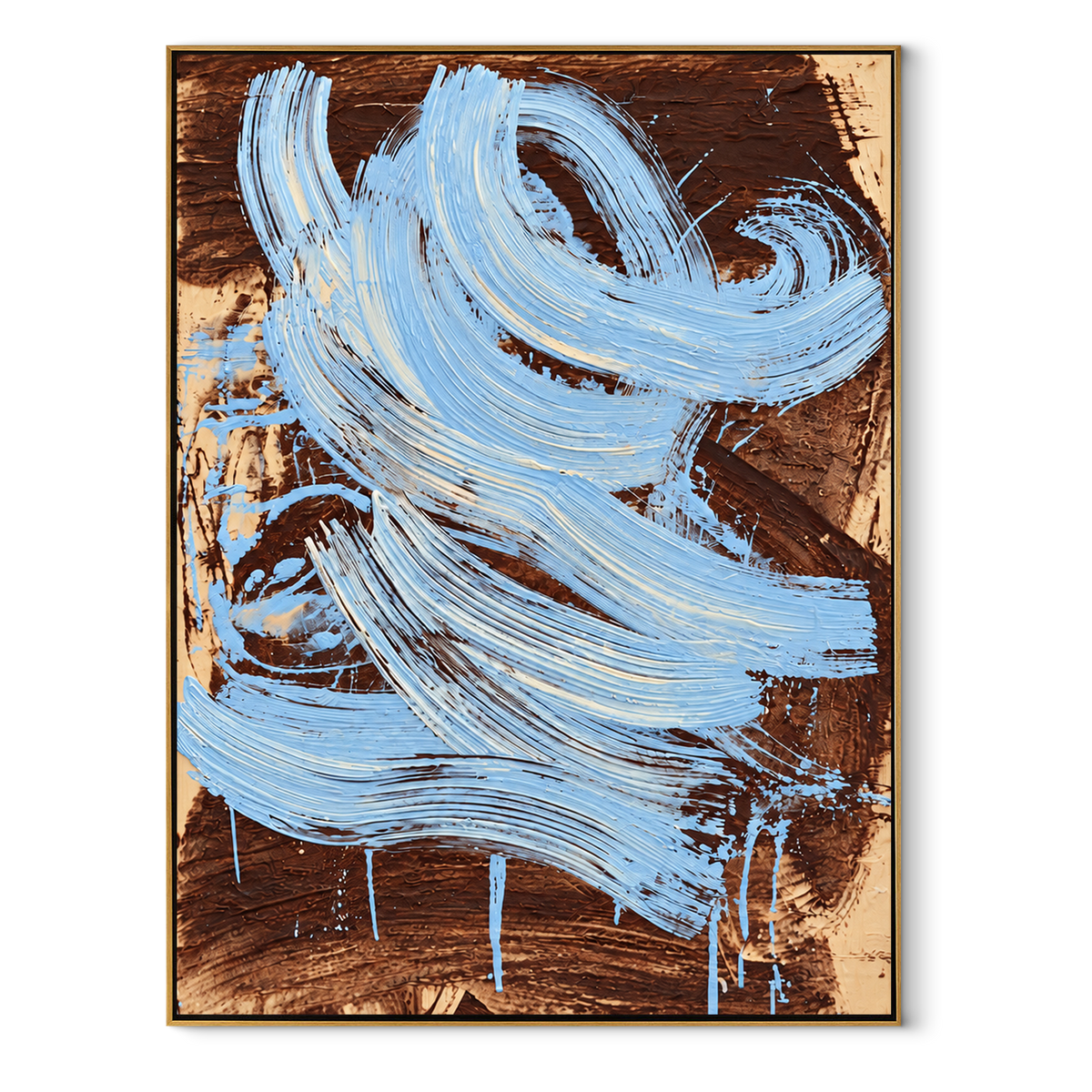 Azure Umber Onyx Fragments Cadence - textured abstract painting in a wood frame on white
