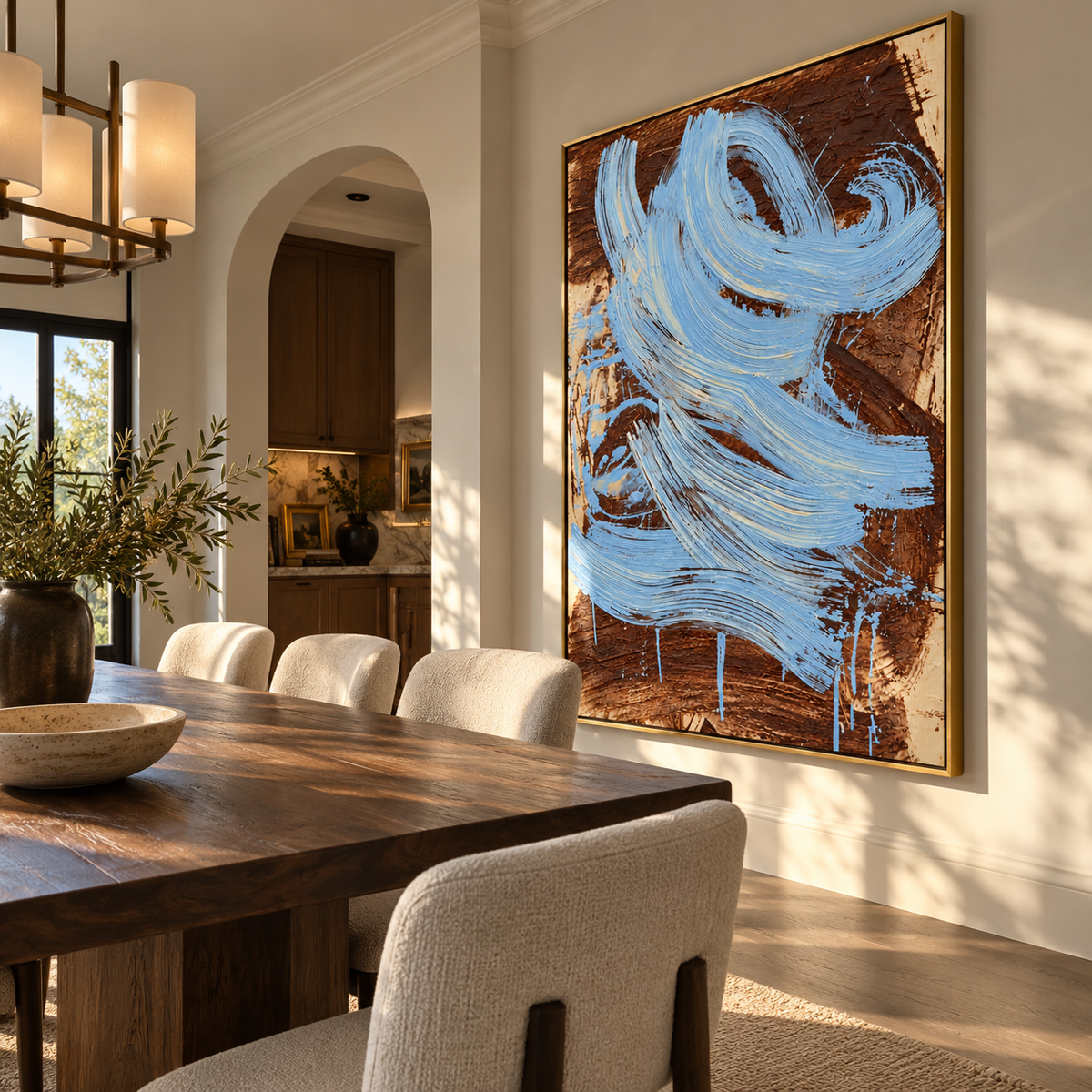 Azure Umber Onyx Fragments Cadence - textured abstract painting shown in modern room setting 2
