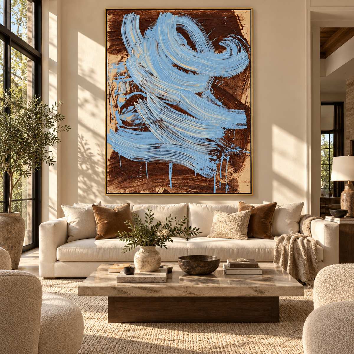Azure Umber Onyx Fragments Cadence - textured abstract painting shown in modern room setting 3