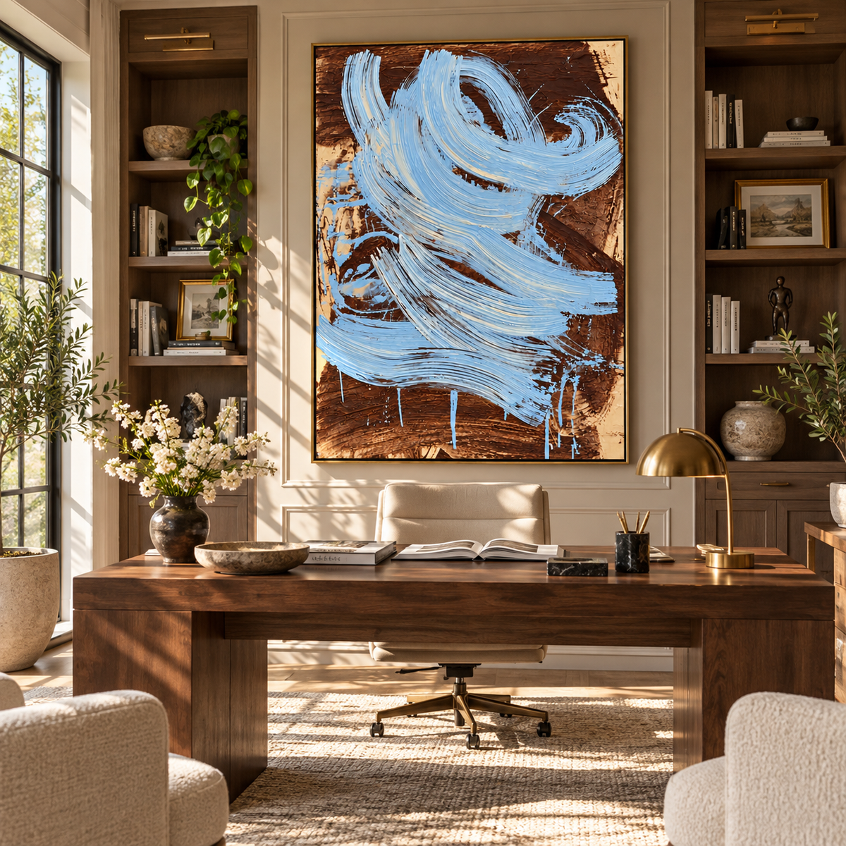 Azure Umber Onyx Fragments Cadence - textured abstract painting shown in modern room setting 4