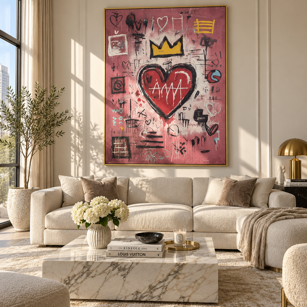 Crimson Umber Letters Field Dusk - textured graffiti painting displayed in a styled interior