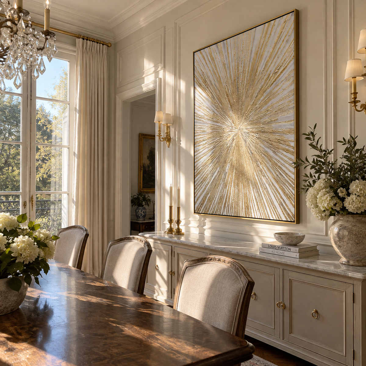 Linen Slate Umber Passage Interval - textured abstract painting displayed in a styled interior