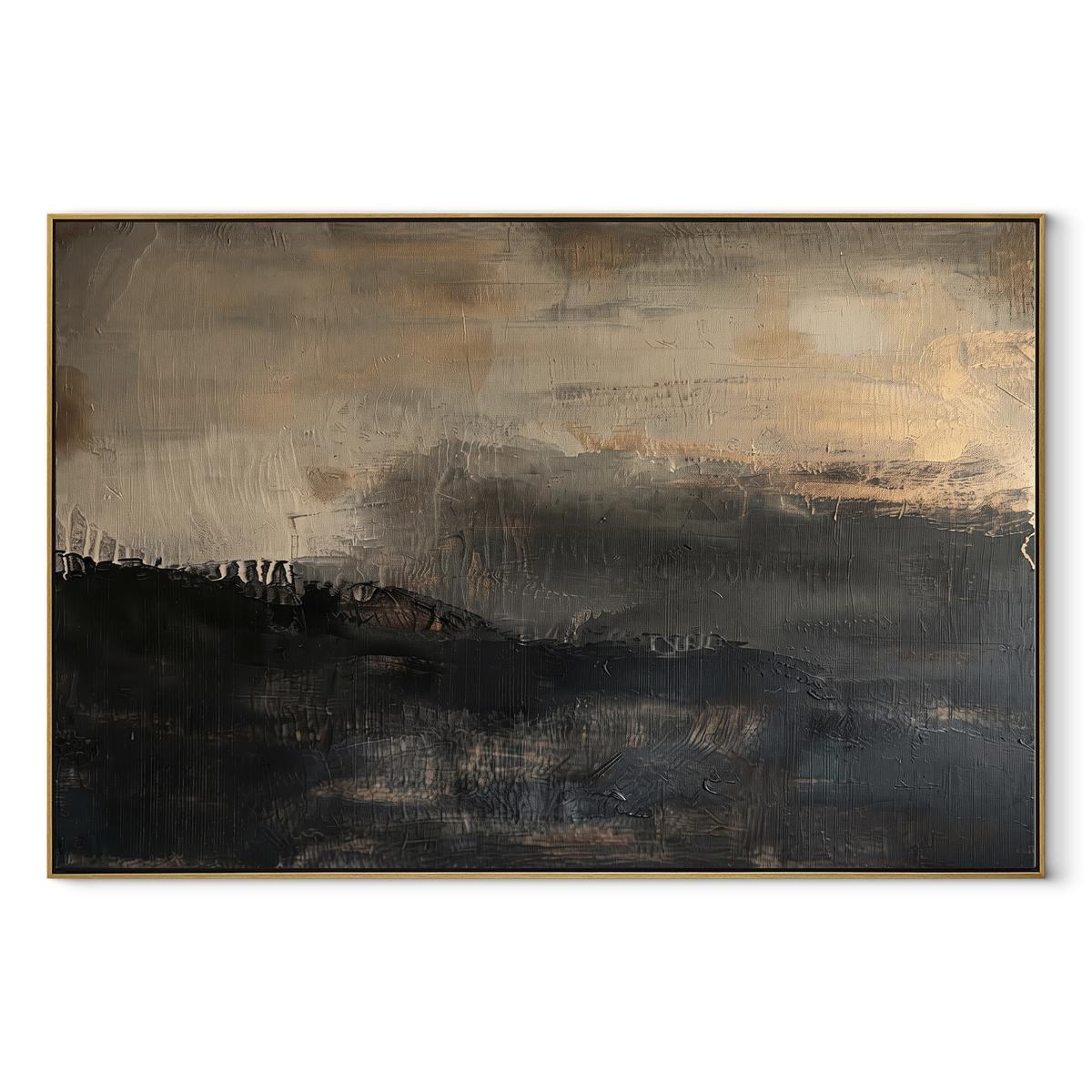 Onyx Umber Horizon Currents Light - textured landscape painting in a wood frame on white