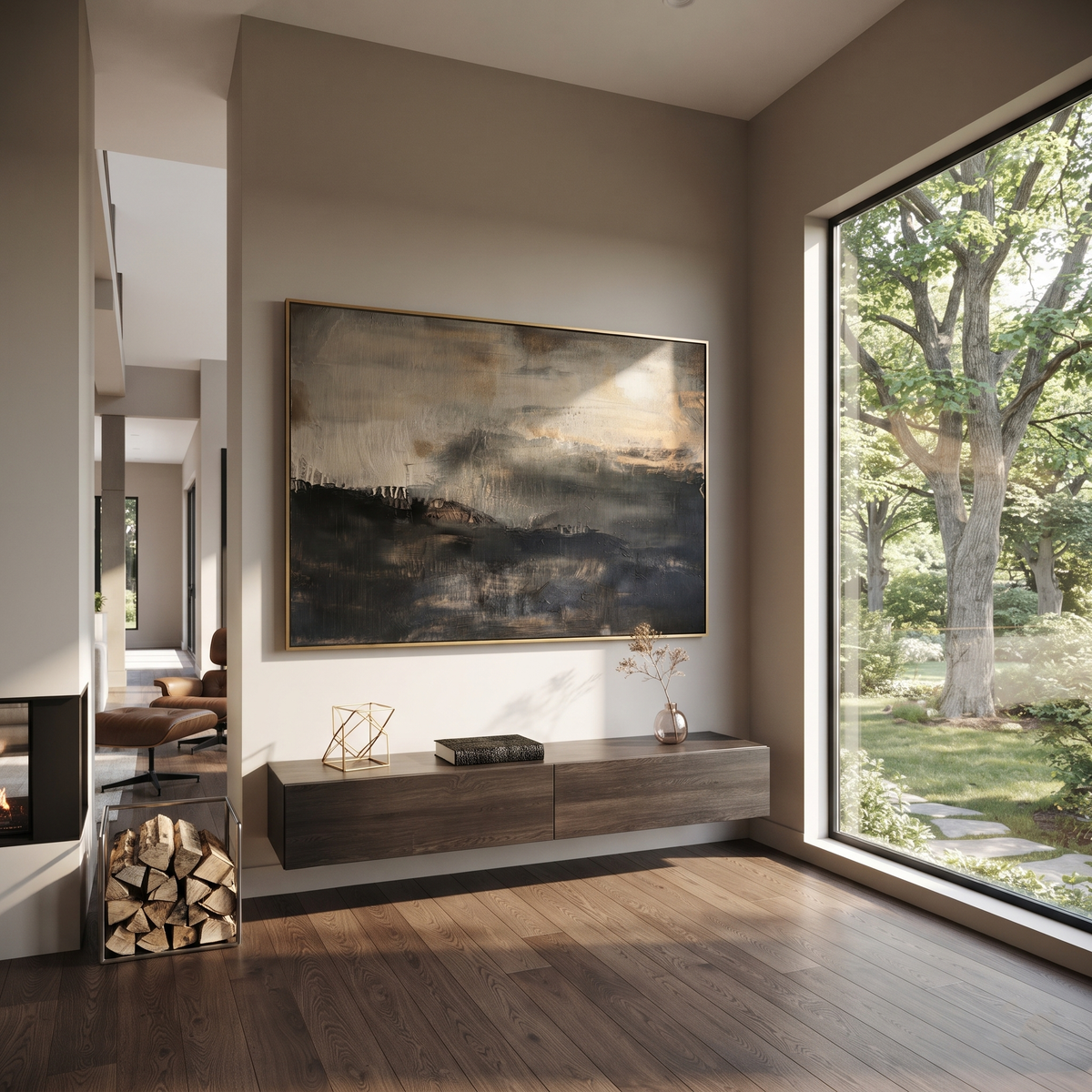 Onyx Umber Horizon Currents Light - textured landscape painting shown in modern room setting 5