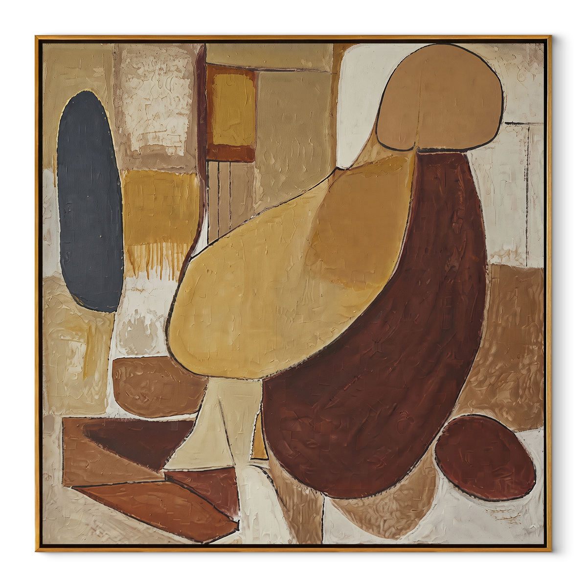 Umber Amber Figures Layers Tension - textured figurative painting in a wood frame on white