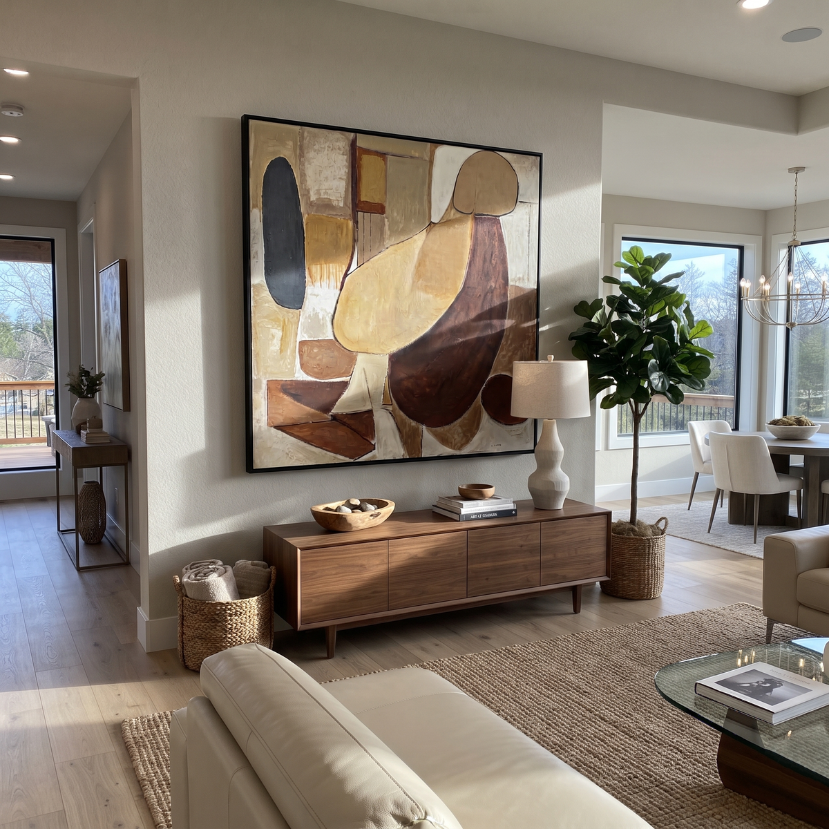 Umber Amber Figures Layers Tension - textured figurative painting shown in modern room setting 4