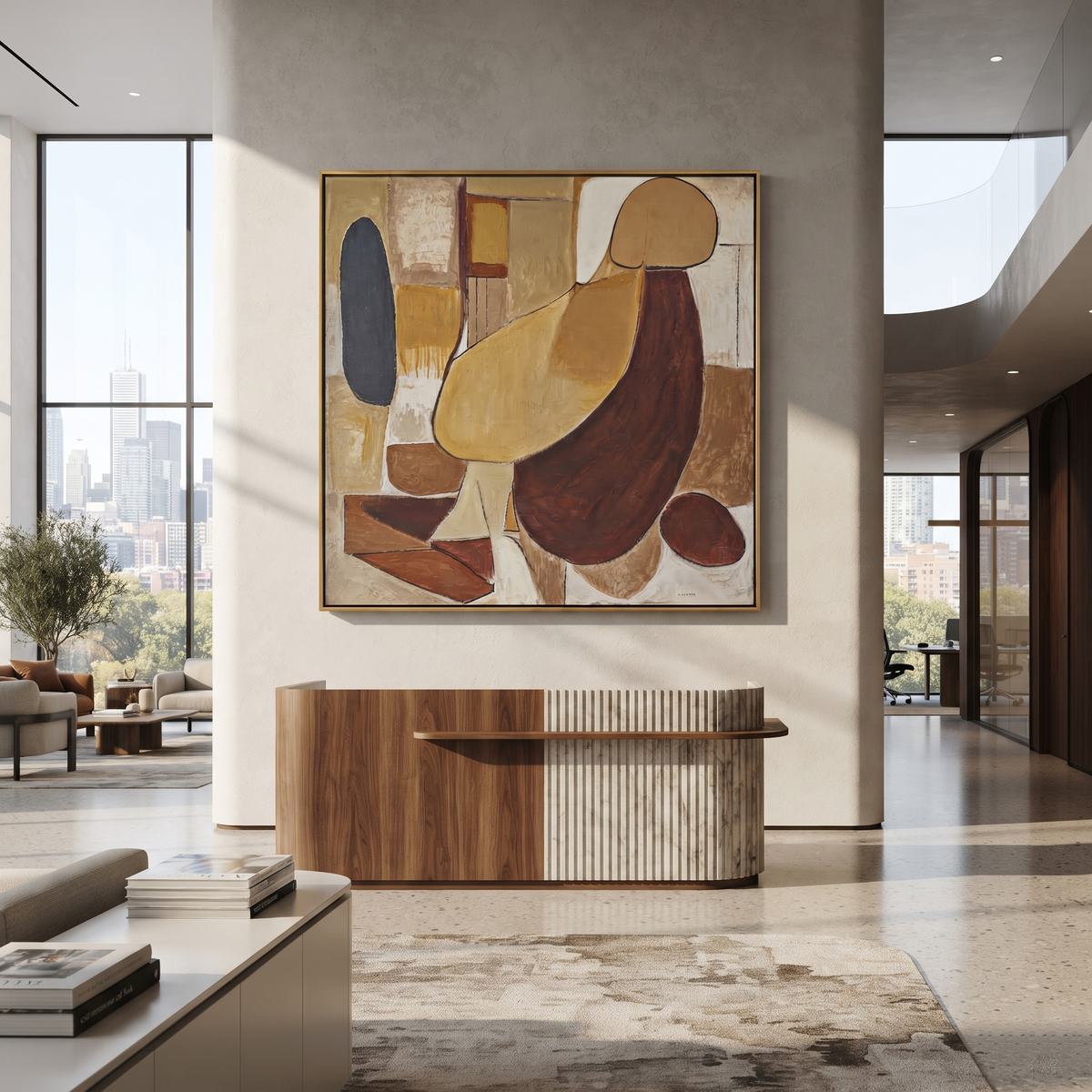 Umber Amber Figures Layers Tension - textured figurative painting shown in modern room setting 5