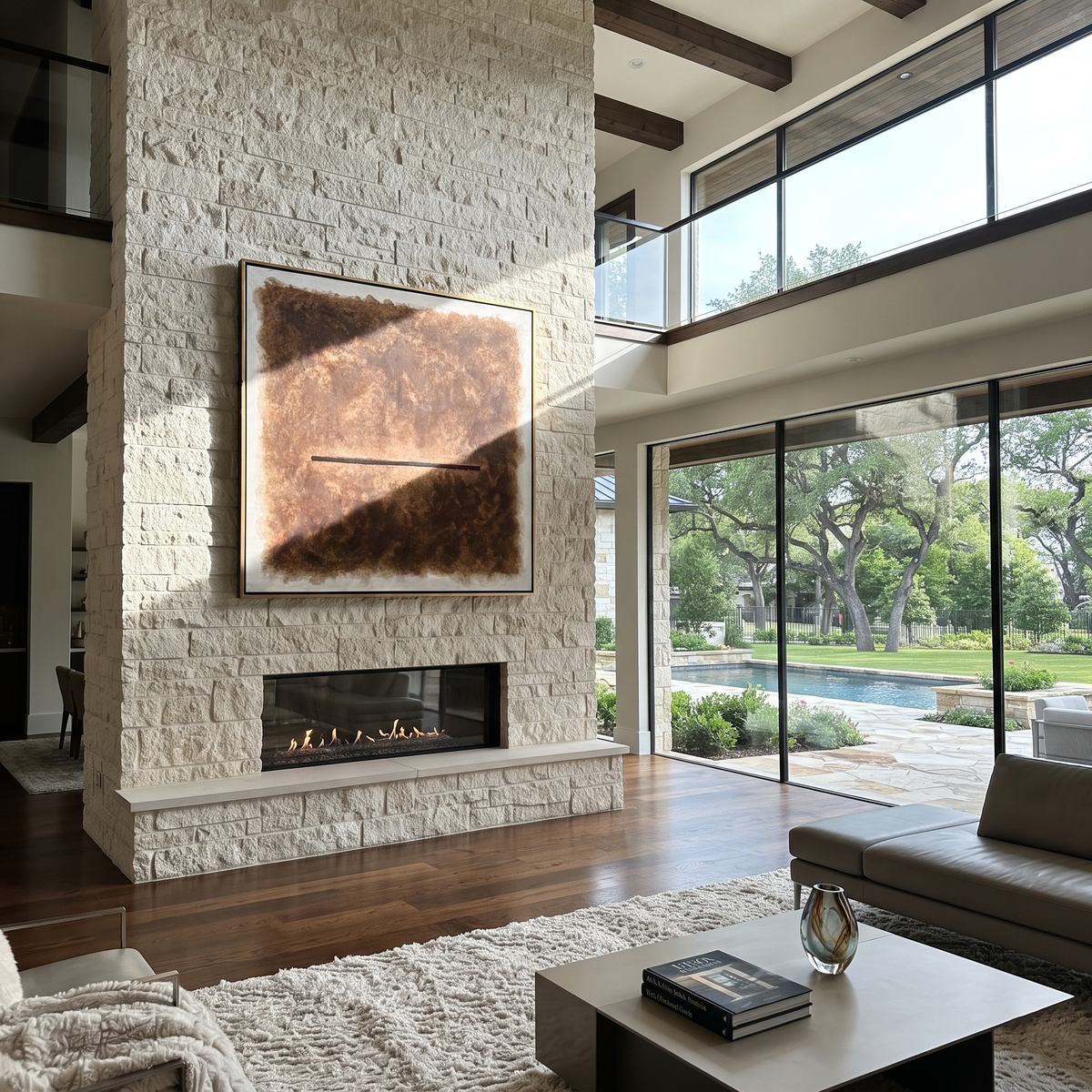 Umber Amber Linen Intervals Quiet - textured abstract painting shown in modern room setting 2