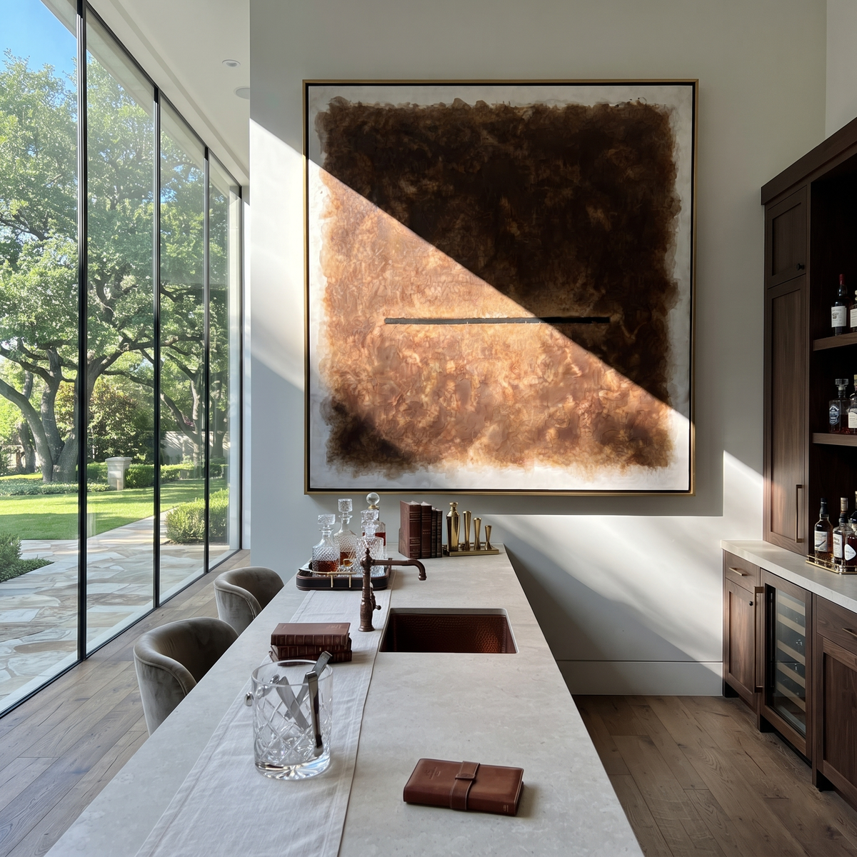 Umber Amber Linen Intervals Quiet - textured abstract painting shown in modern room setting 3