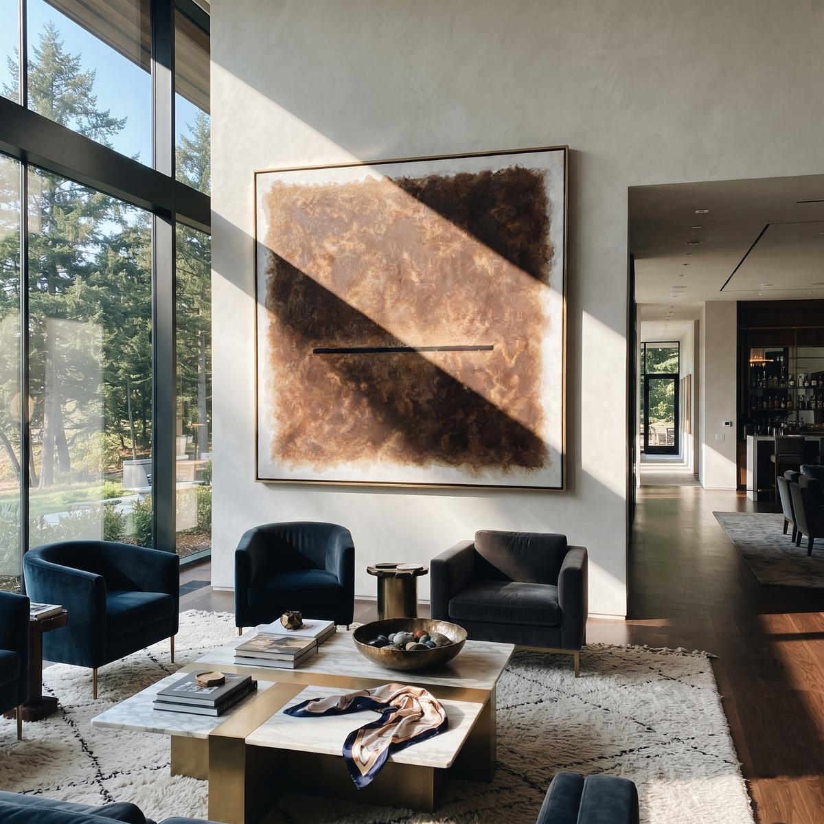 Umber Amber Linen Intervals Quiet - textured abstract painting shown in modern room setting 4