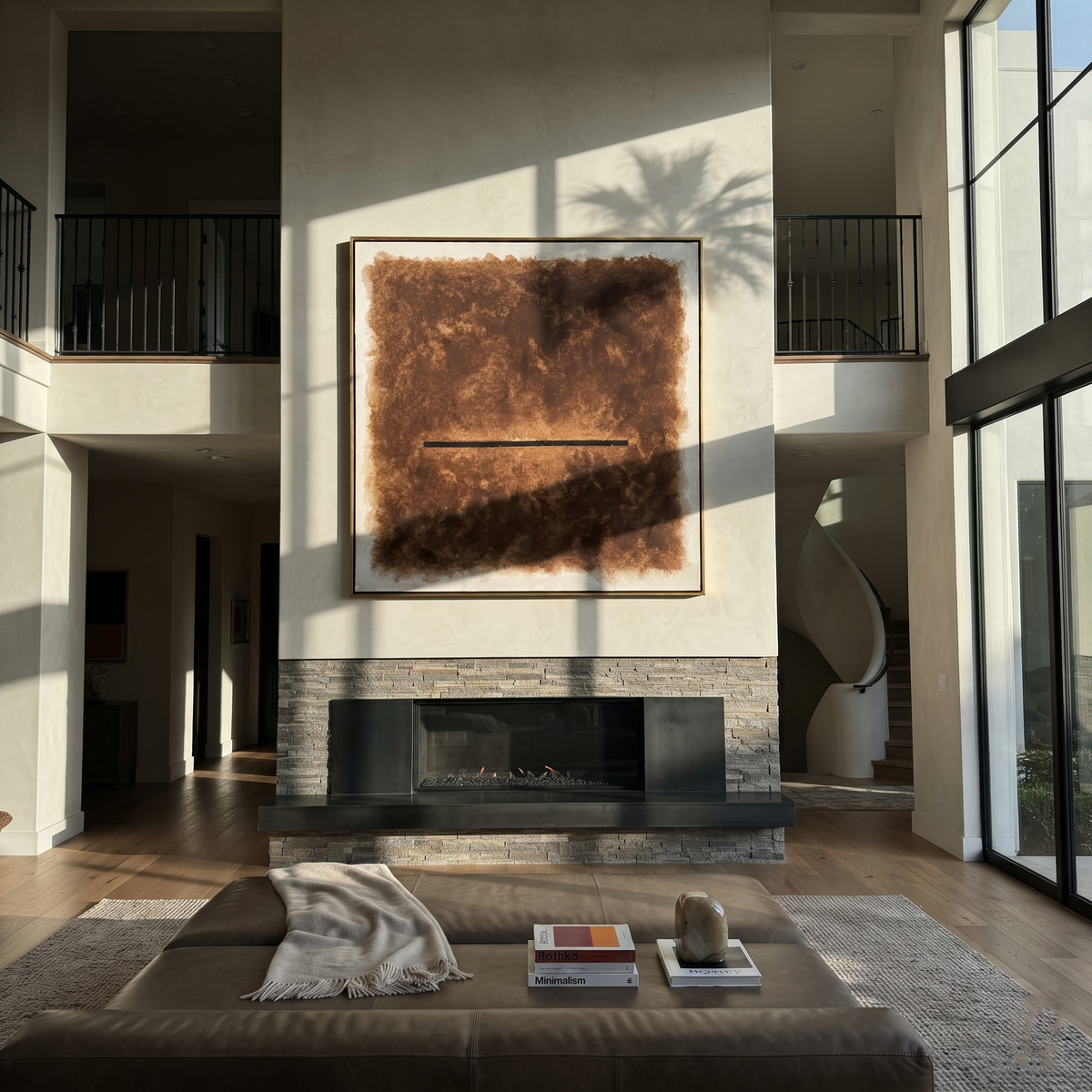 Umber Amber Linen Intervals Quiet - textured abstract painting shown in modern room setting 5