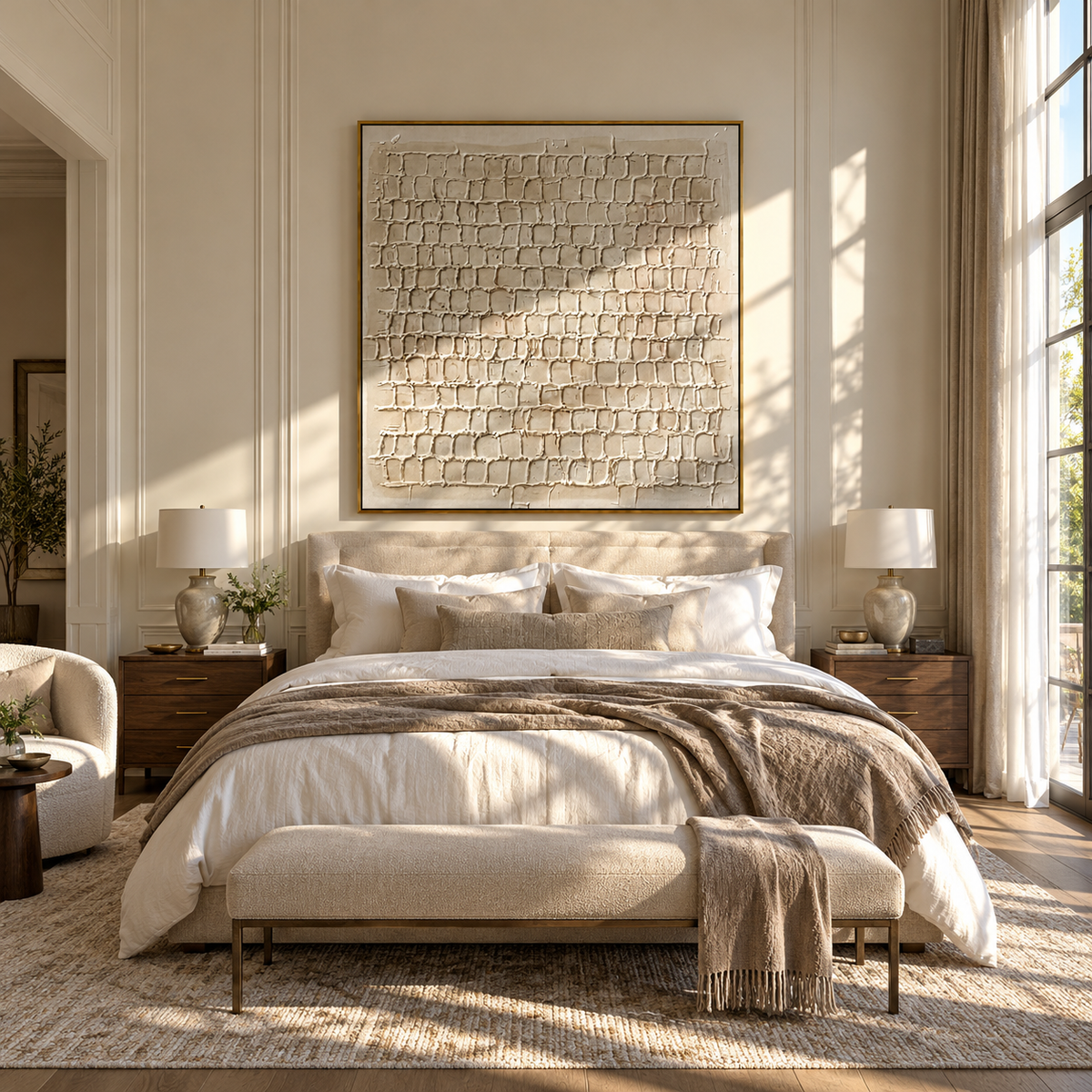 Linen Slate Umber Contours Motion - textured abstract painting shown in modern room setting 2