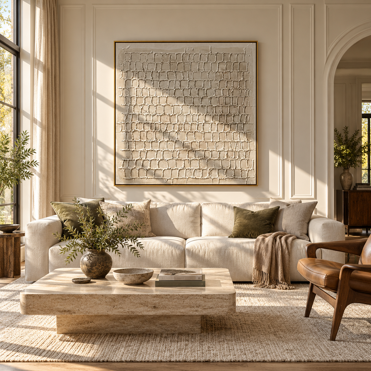 Linen Slate Umber Contours Motion - textured abstract painting shown in modern room setting 3