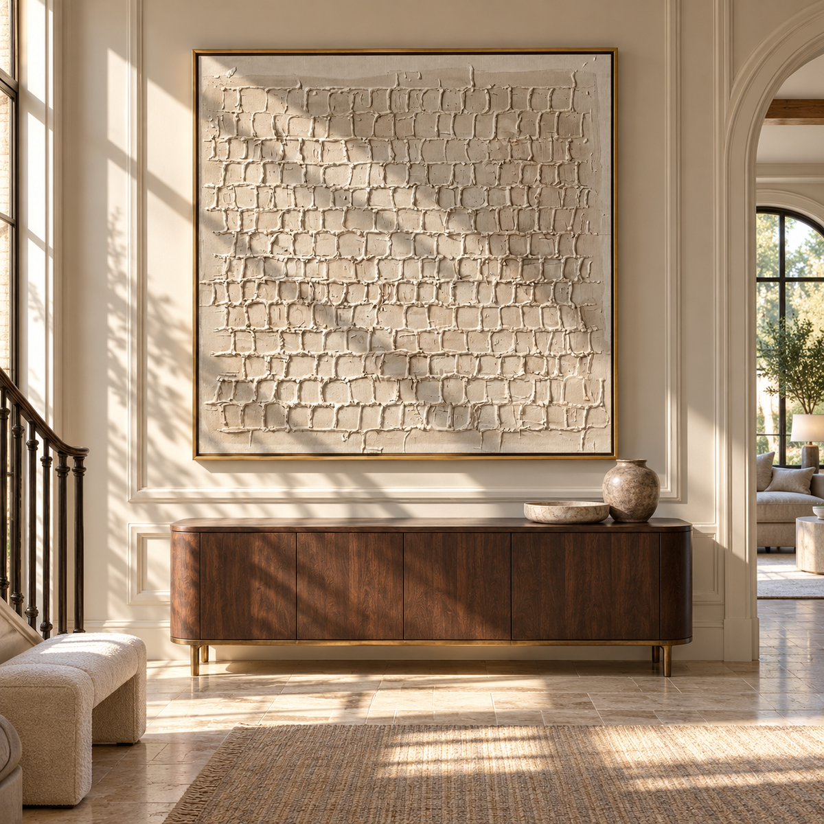 Linen Slate Umber Contours Motion - textured abstract painting shown in modern room setting 4
