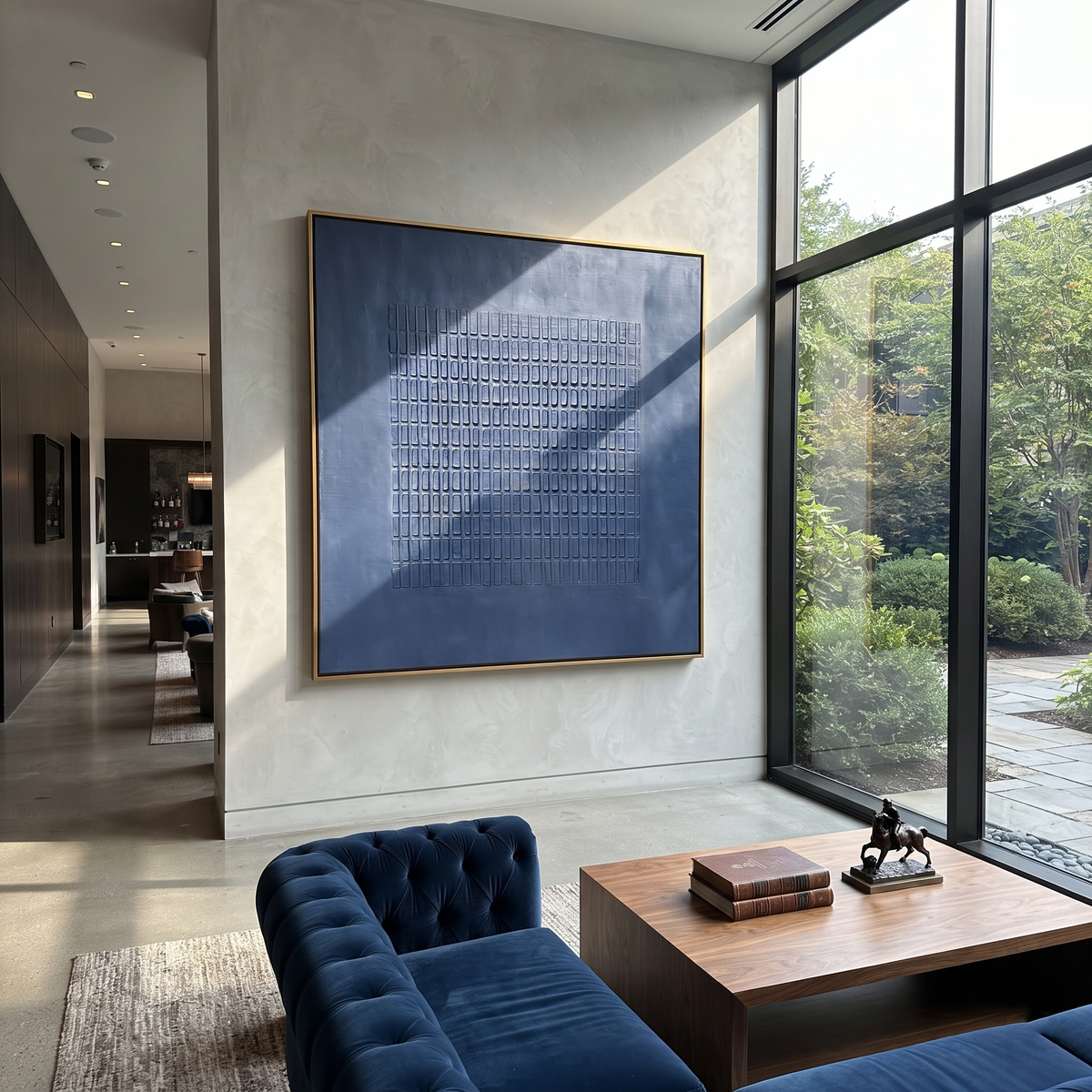 Azure Onyx Neutral Echo Silence - textured abstract painting displayed in a styled interior