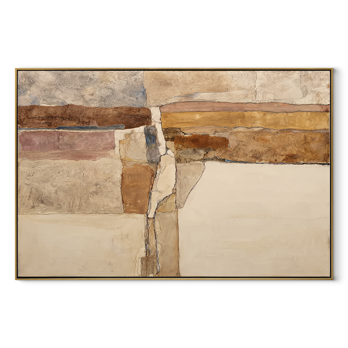 Linen Amber Umber Relief Balance - textured abstract painting in a wood frame on white