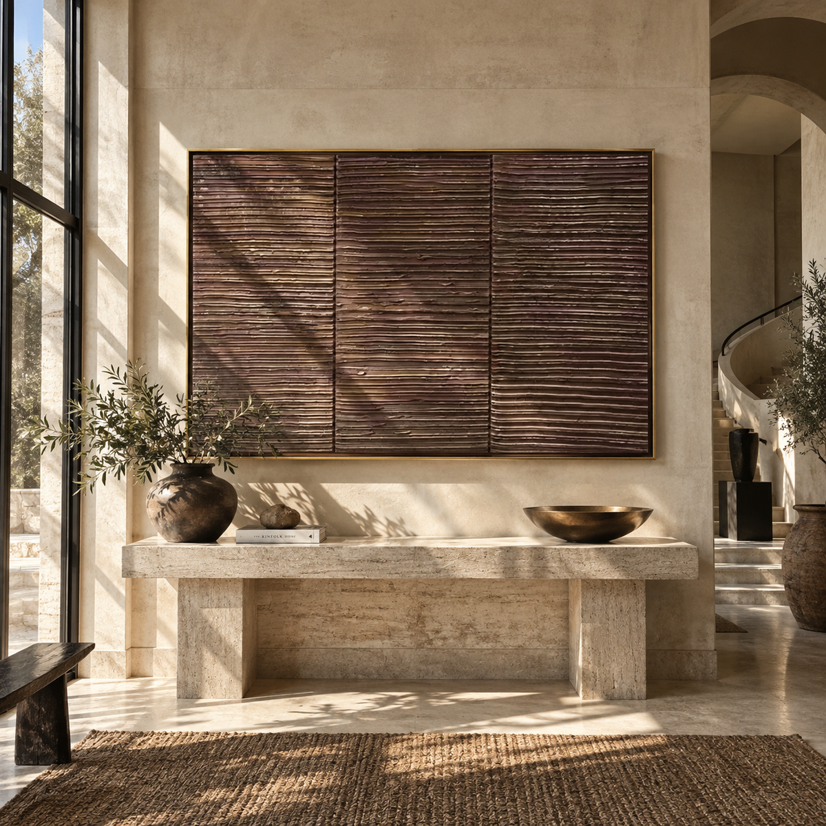 Umber Onyx Linen Horizon Stillness - textured abstract painting displayed in a styled interior