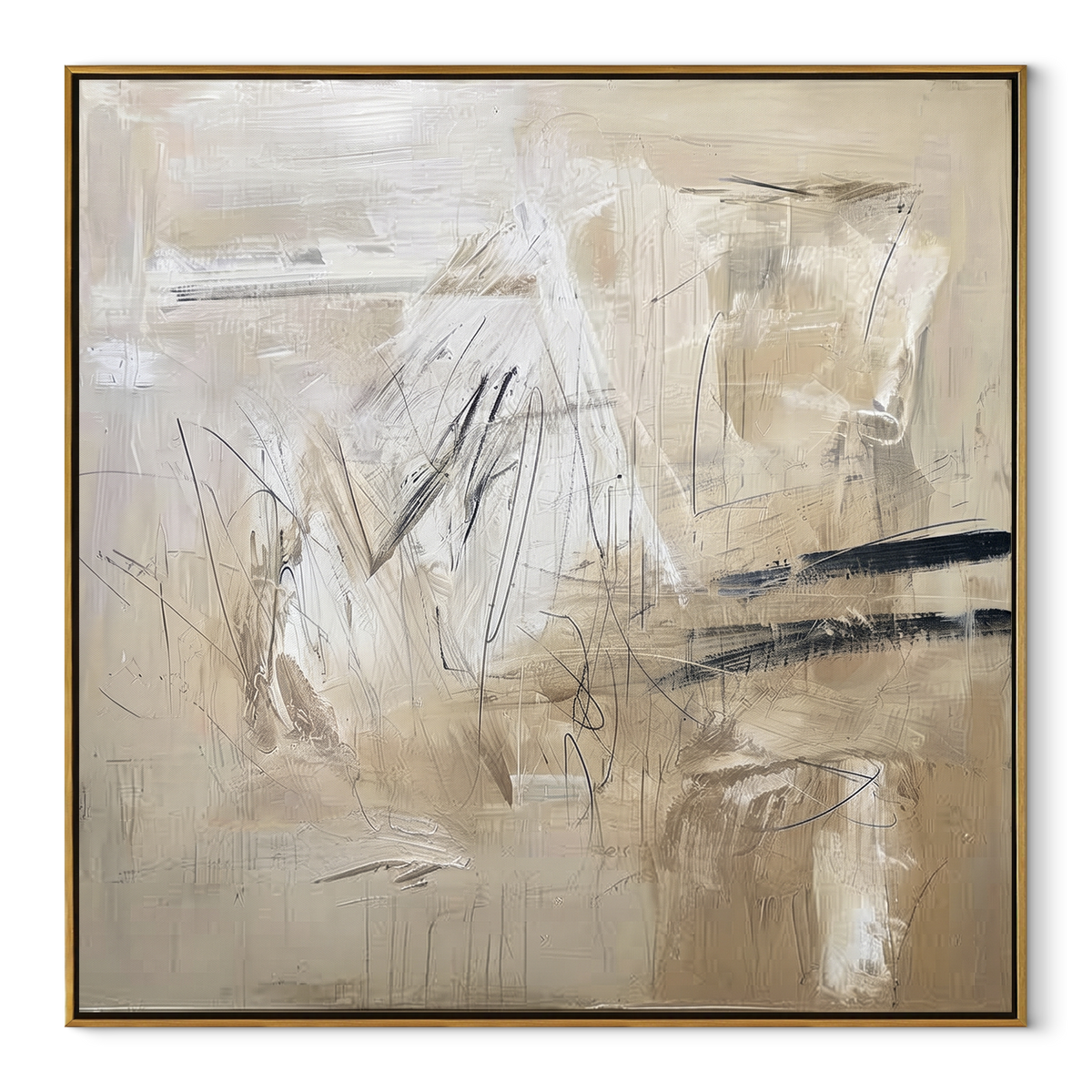 Linen Slate Umber Fragments Air - textured abstract painting in a wood frame on white