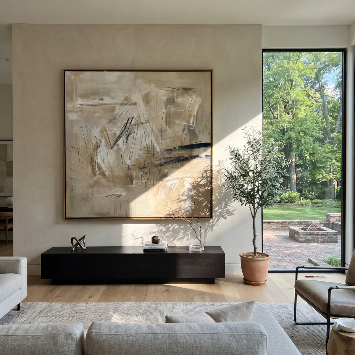 Linen Slate Umber Fragments Air - textured abstract painting shown in modern room setting 2