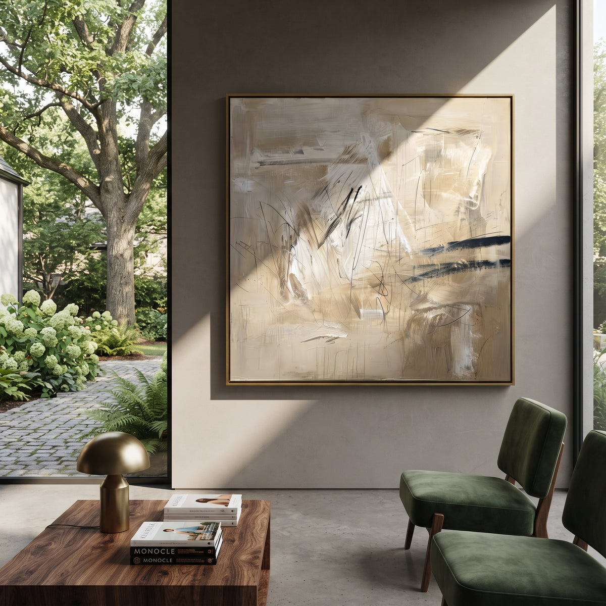 Linen Slate Umber Fragments Air - textured abstract painting shown in modern room setting 5
