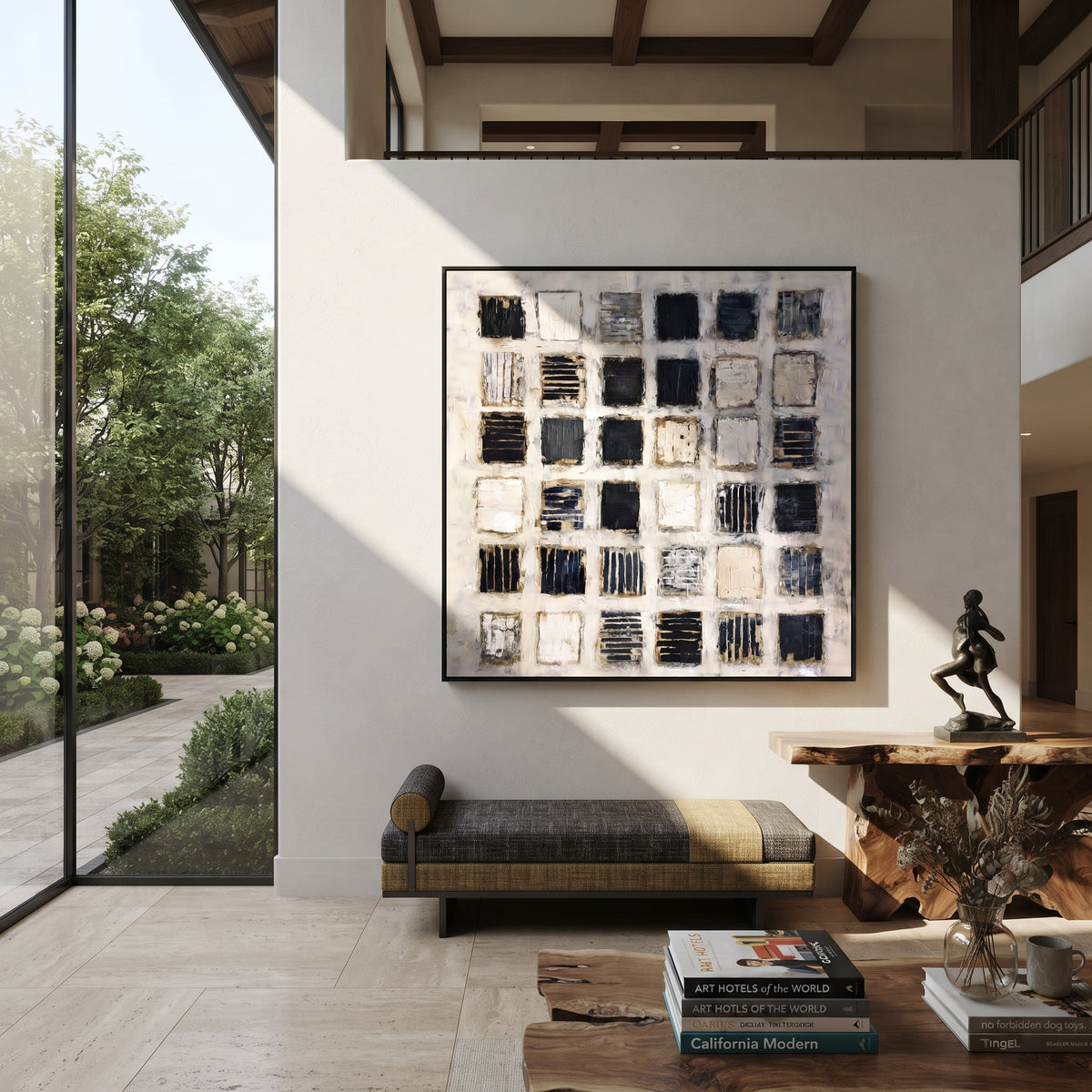 Slate Azure Onyx Field Rain - textured abstract painting displayed in a styled interior