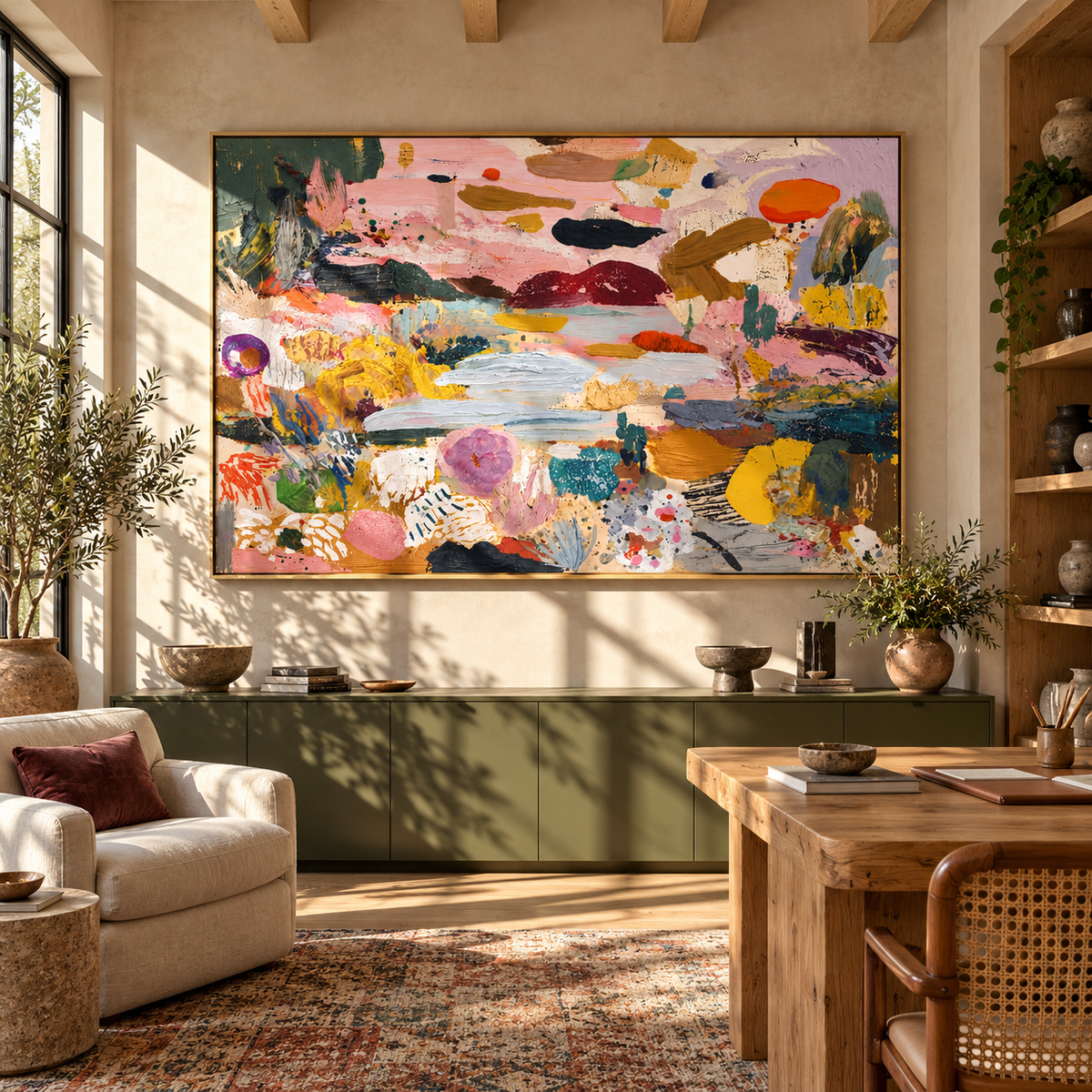 Ivory Linen Amber Tides Dusk - textured abstract painting displayed in a styled interior