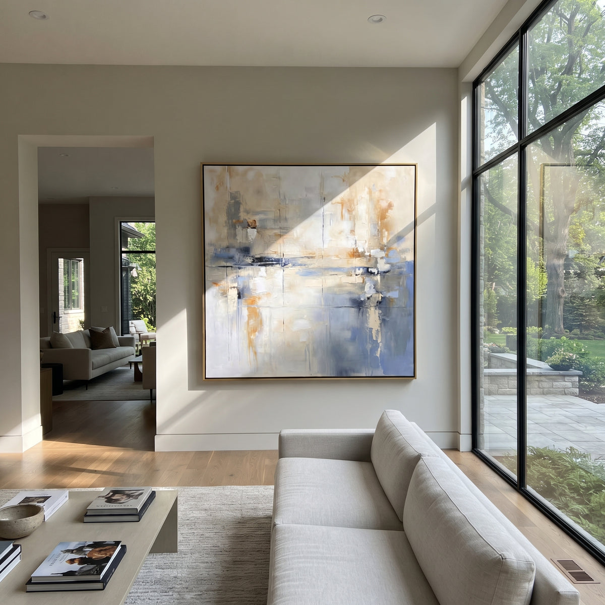 Slate Azure Linen Currents Interval - textured abstract painting shown in modern room setting 2