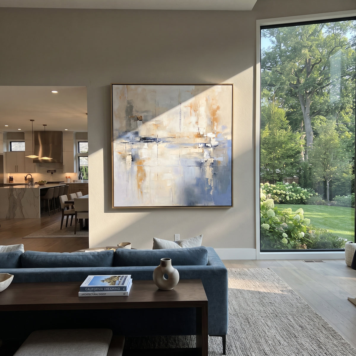 Slate Azure Linen Currents Interval - textured abstract painting shown in modern room setting 3