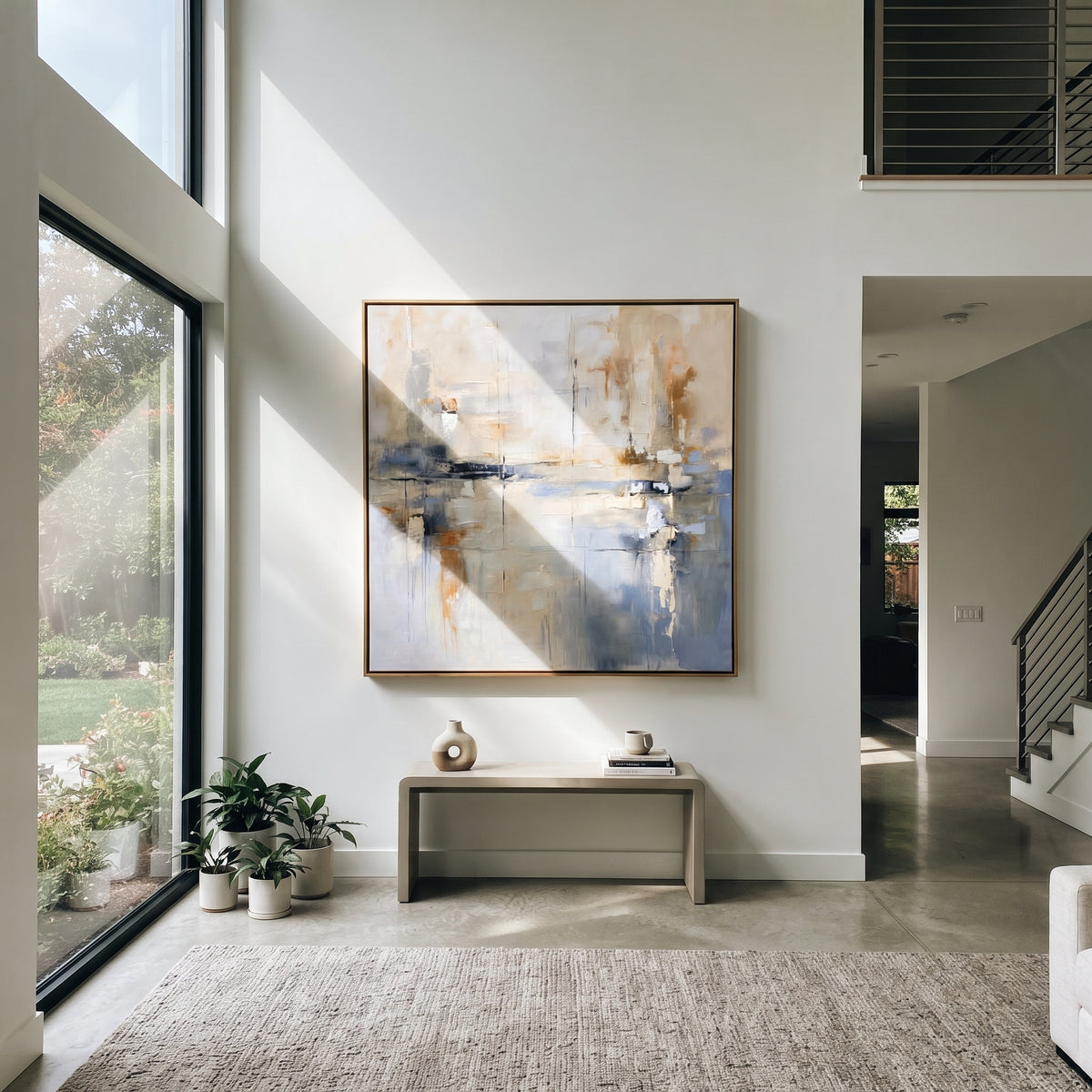 Slate Azure Linen Currents Interval - textured abstract painting shown in modern room setting 4