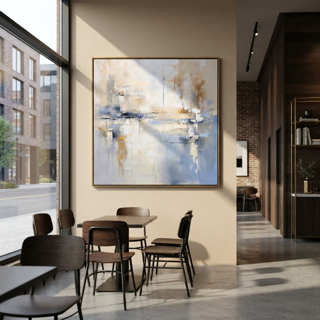 Slate Azure Linen Currents Interval - textured abstract painting shown in modern room setting 5