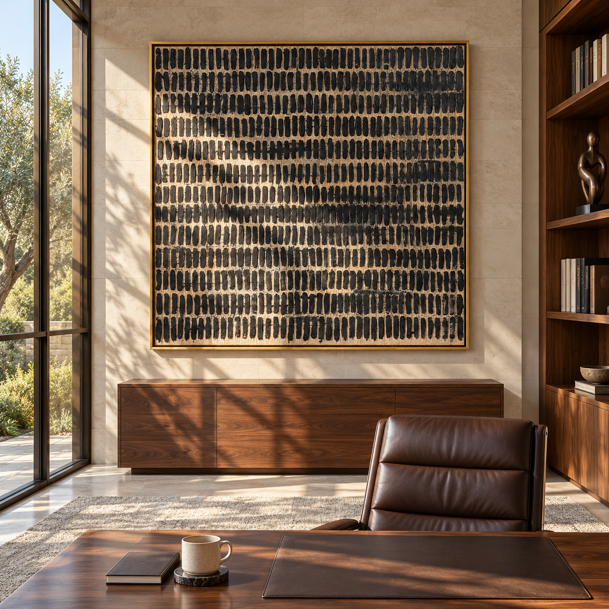 Onyx Linen Umber Layers Distance - textured abstract painting shown in modern room setting 3
