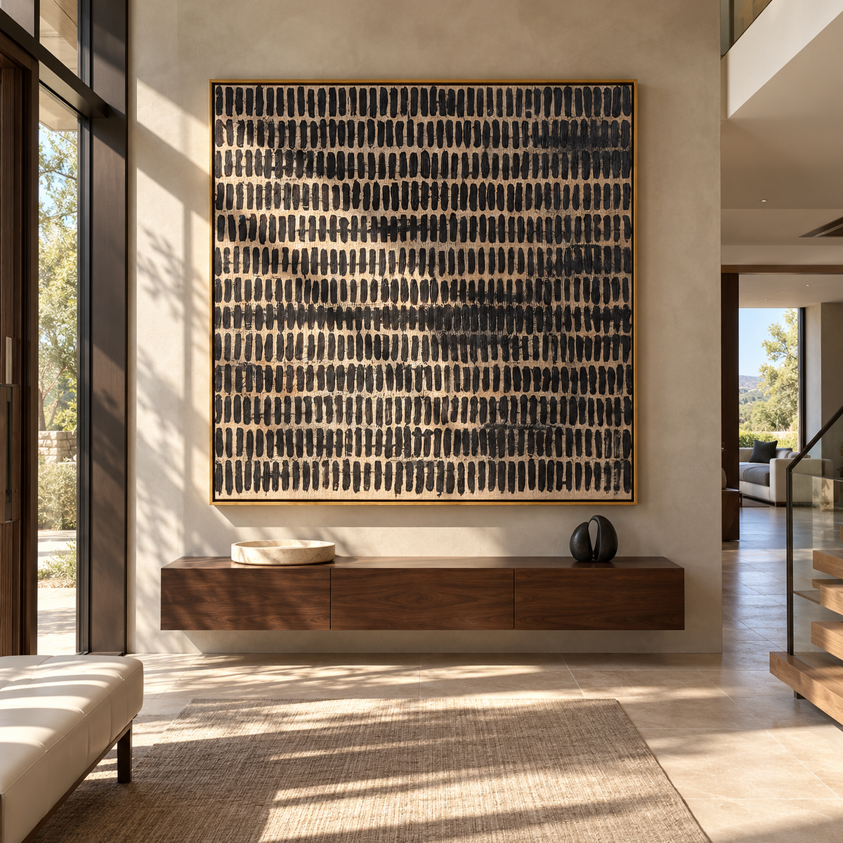 Onyx Linen Umber Layers Distance - textured abstract painting shown in modern room setting 4