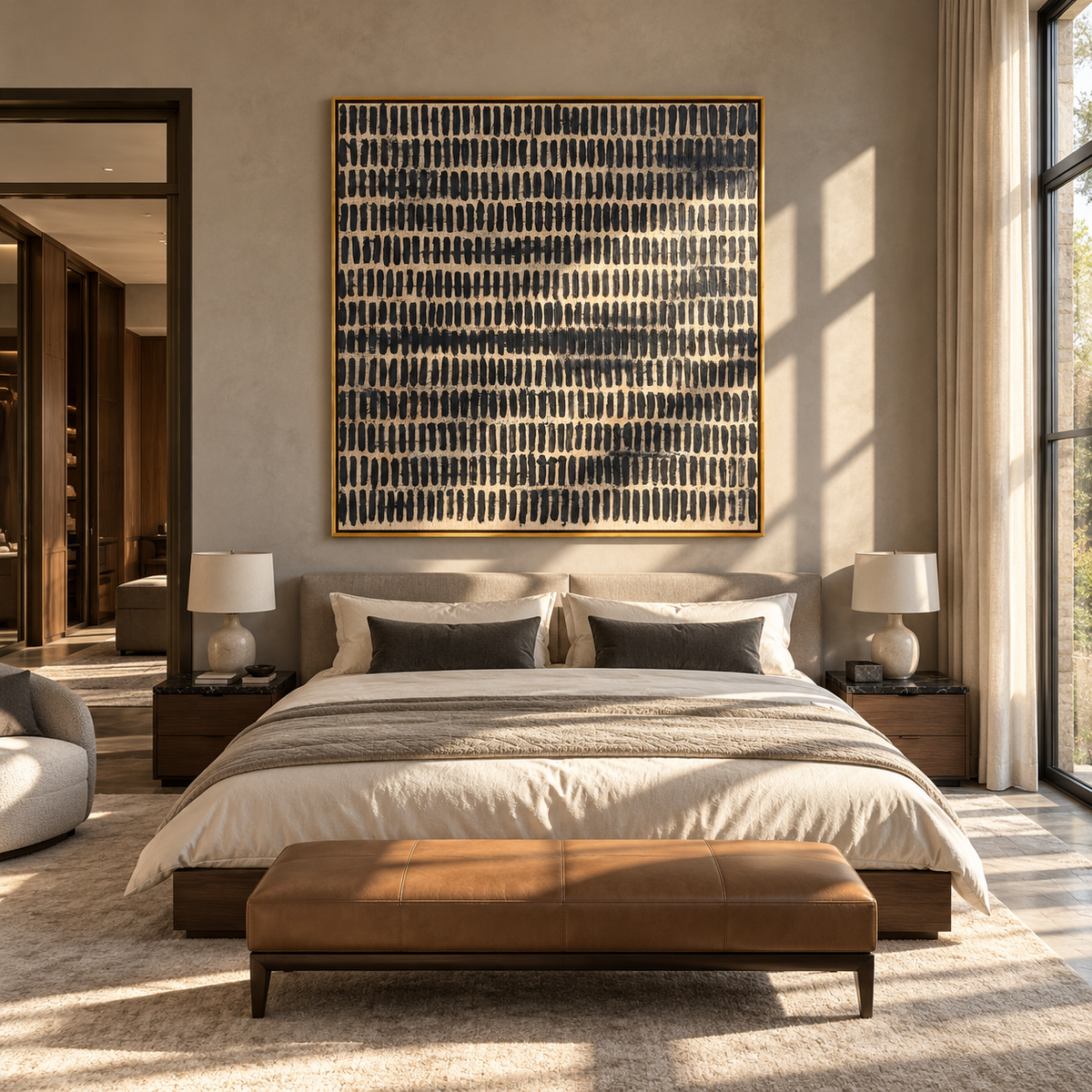 Onyx Linen Umber Layers Distance - textured abstract painting shown in modern room setting 5