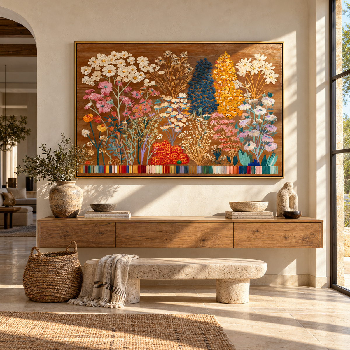 Umber Amber Blooms Balance Light - textured floral painting displayed in a styled interior
