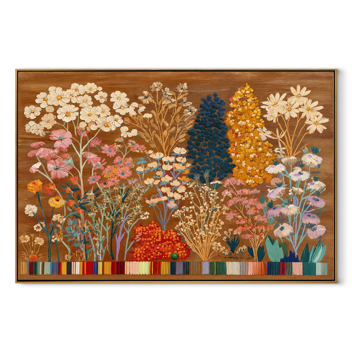 Umber Amber Blooms Balance Light - textured floral painting in a wood frame on white