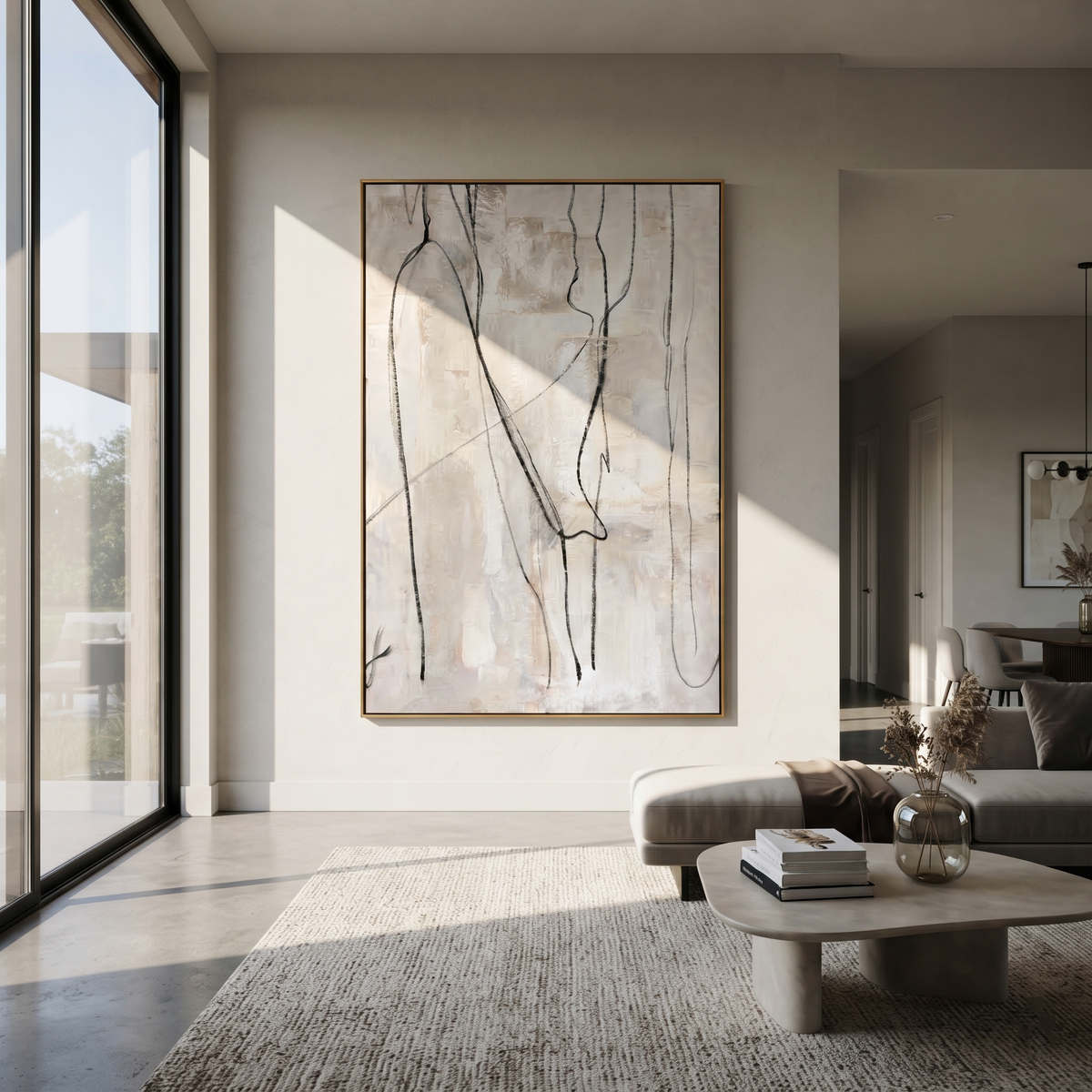 Slate Onyx Figures Crossing Form - textured figurative painting displayed in a styled interior
