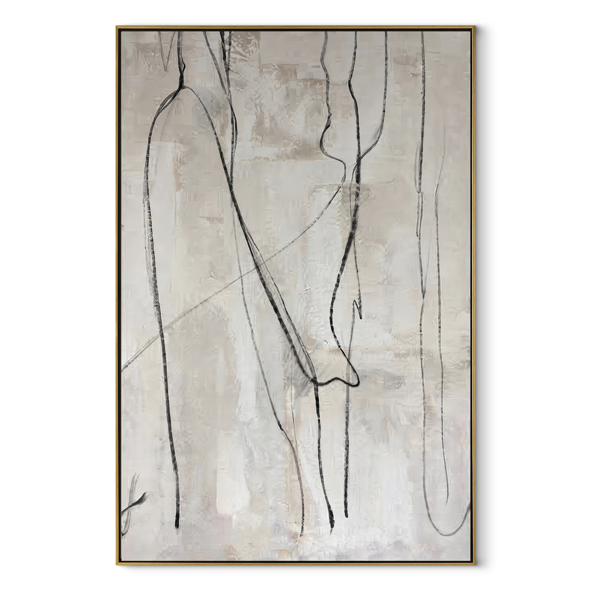 Slate Onyx Figures Crossing Form - textured figurative painting in a wood frame on white