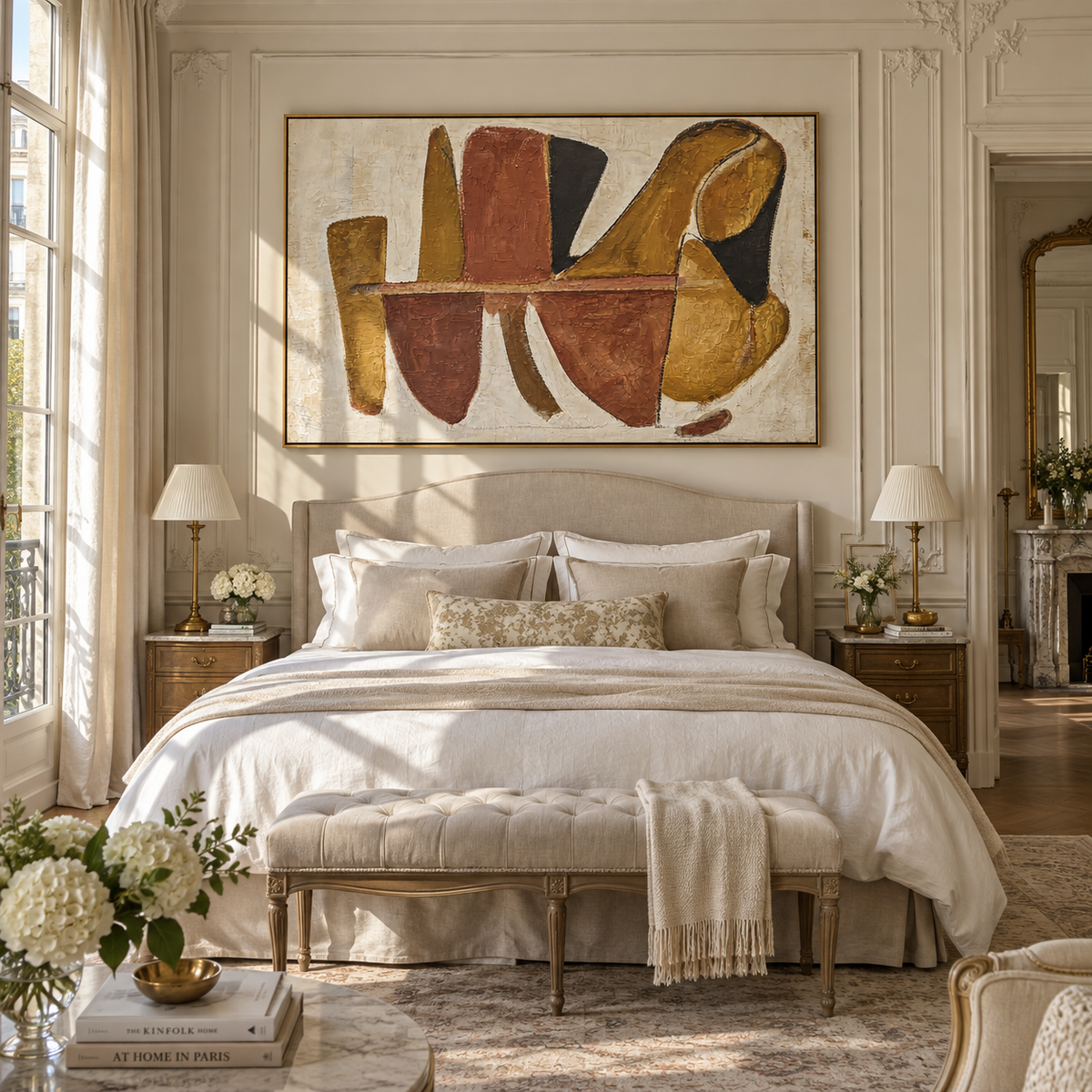 Umber Slate Linen Echo Motion - textured abstract painting displayed in a styled interior