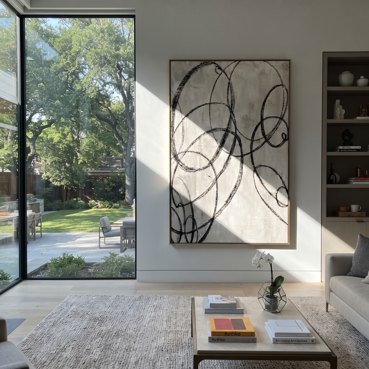 Slate Onyx Figures Fragments Calm - textured figurative painting displayed in a styled interior