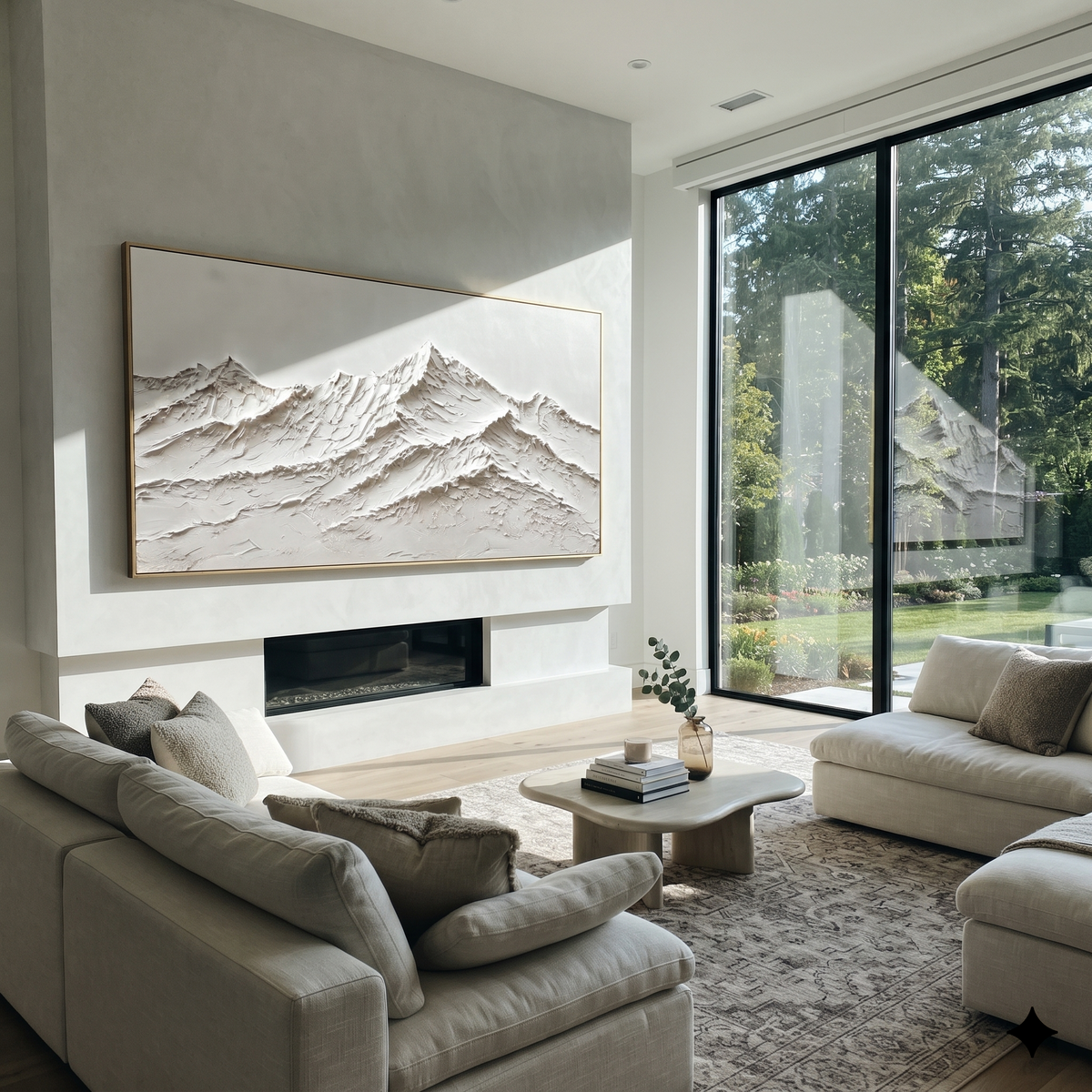 Ivory Slate Horizon Passage Air - textured landscape painting displayed in a styled interior