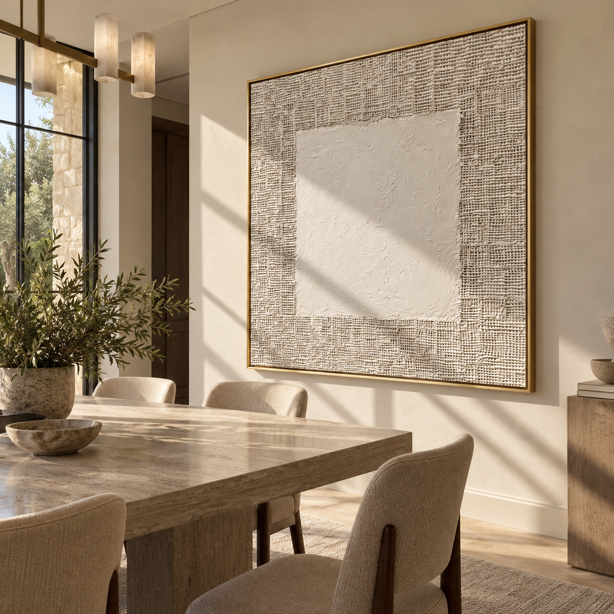 Slate Umber Linen Layers Dusk - textured abstract painting displayed in a styled interior
