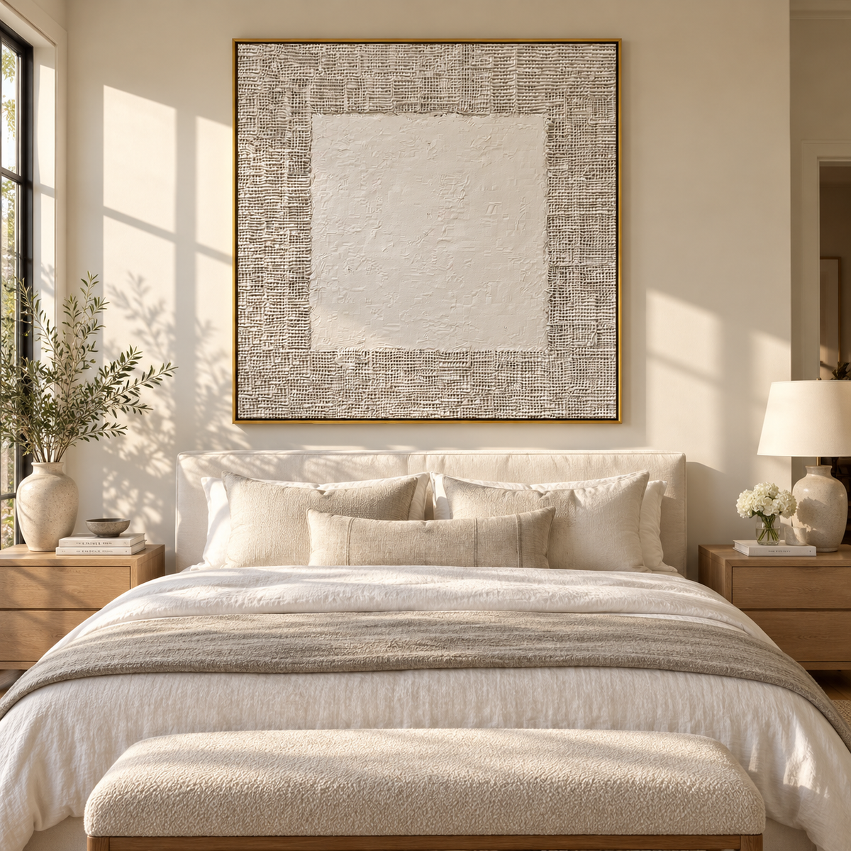 Slate Umber Linen Layers Dusk - textured abstract painting shown in modern room setting 3