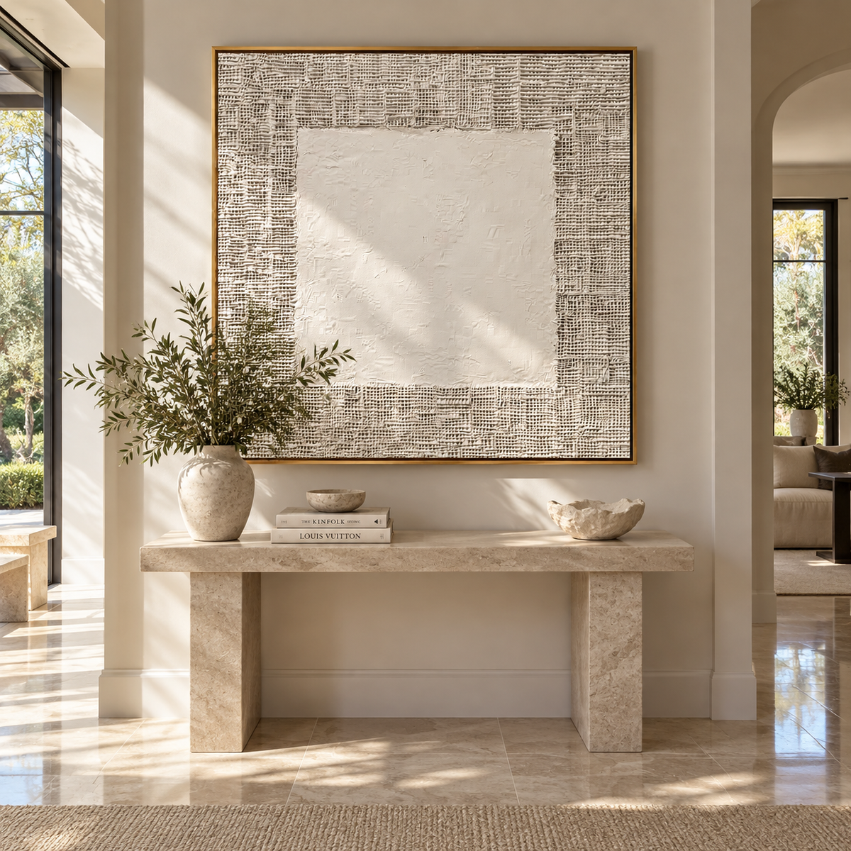 Slate Umber Linen Layers Dusk - textured abstract painting shown in modern room setting 4