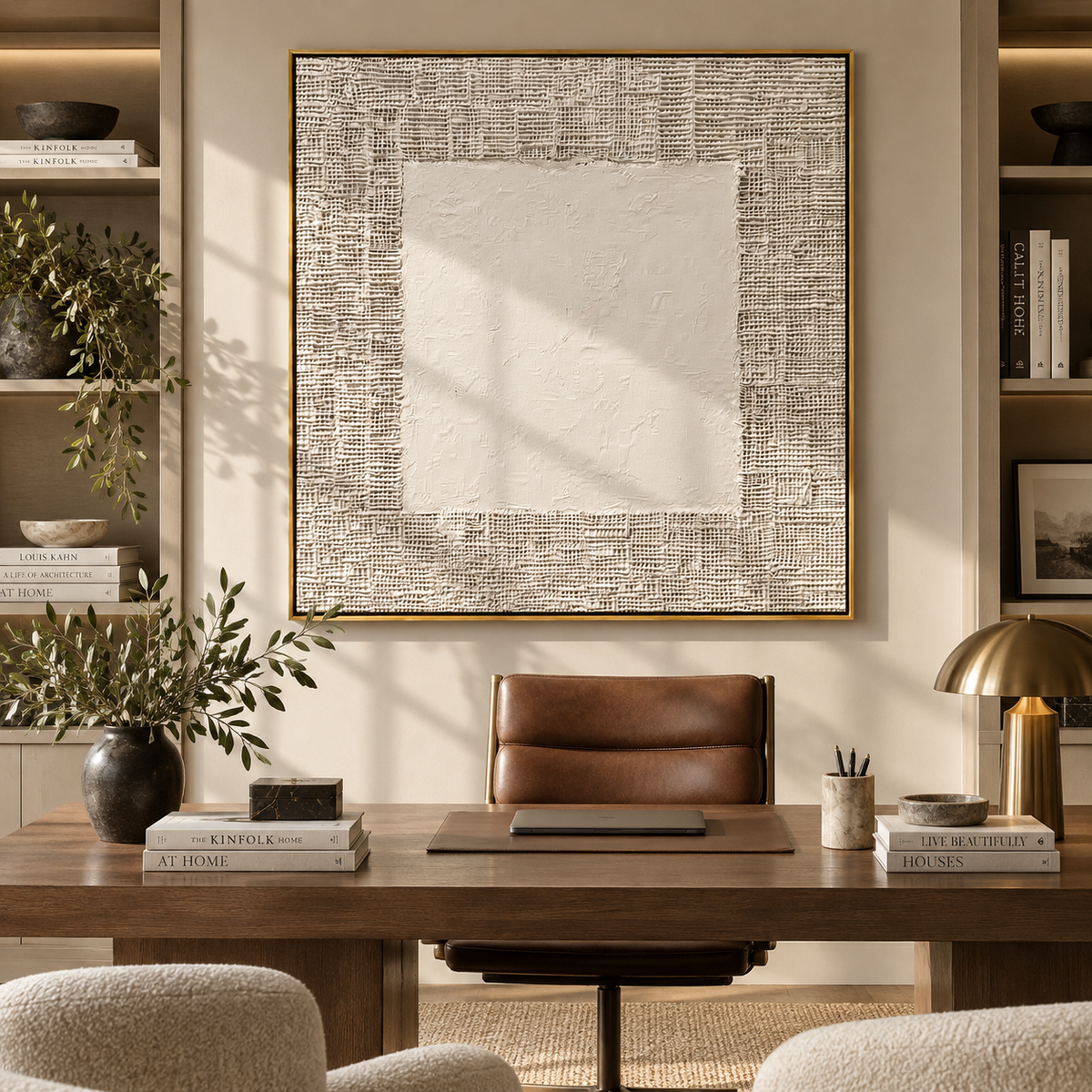 Slate Umber Linen Layers Dusk - textured abstract painting shown in modern room setting 5