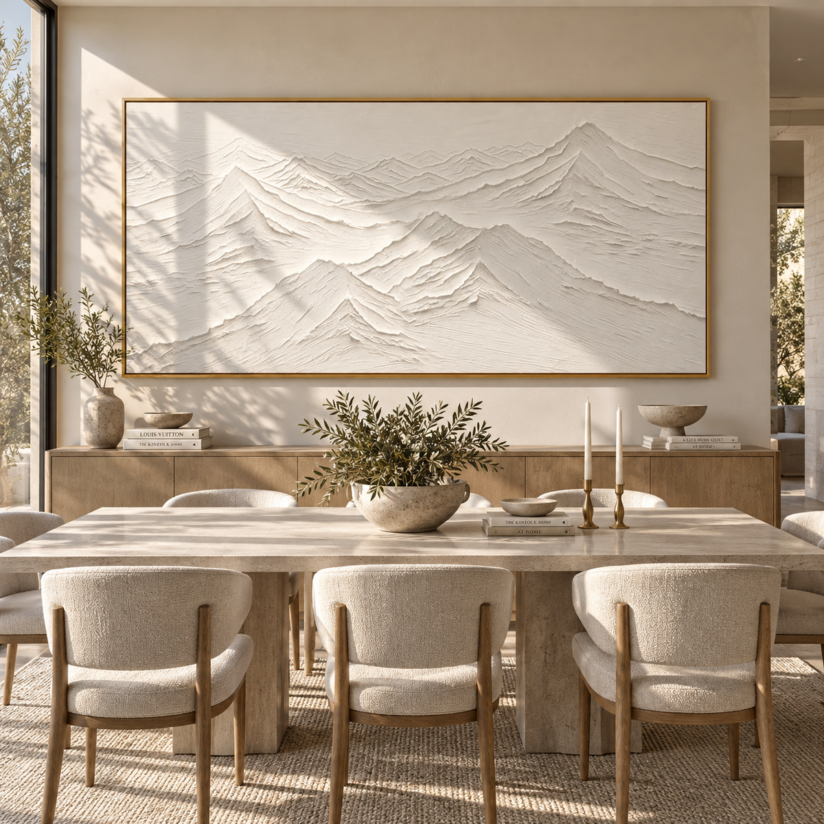 Ivory Slate Horizon Intervals Distance - textured landscape painting displayed in a styled interior