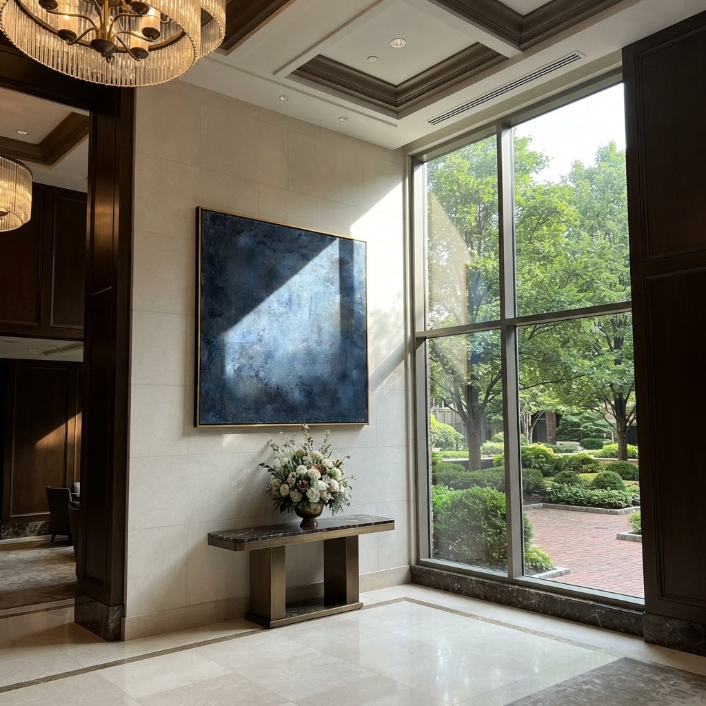 Azure Onyx Neutral Drift Light - textured abstract painting displayed in a styled interior