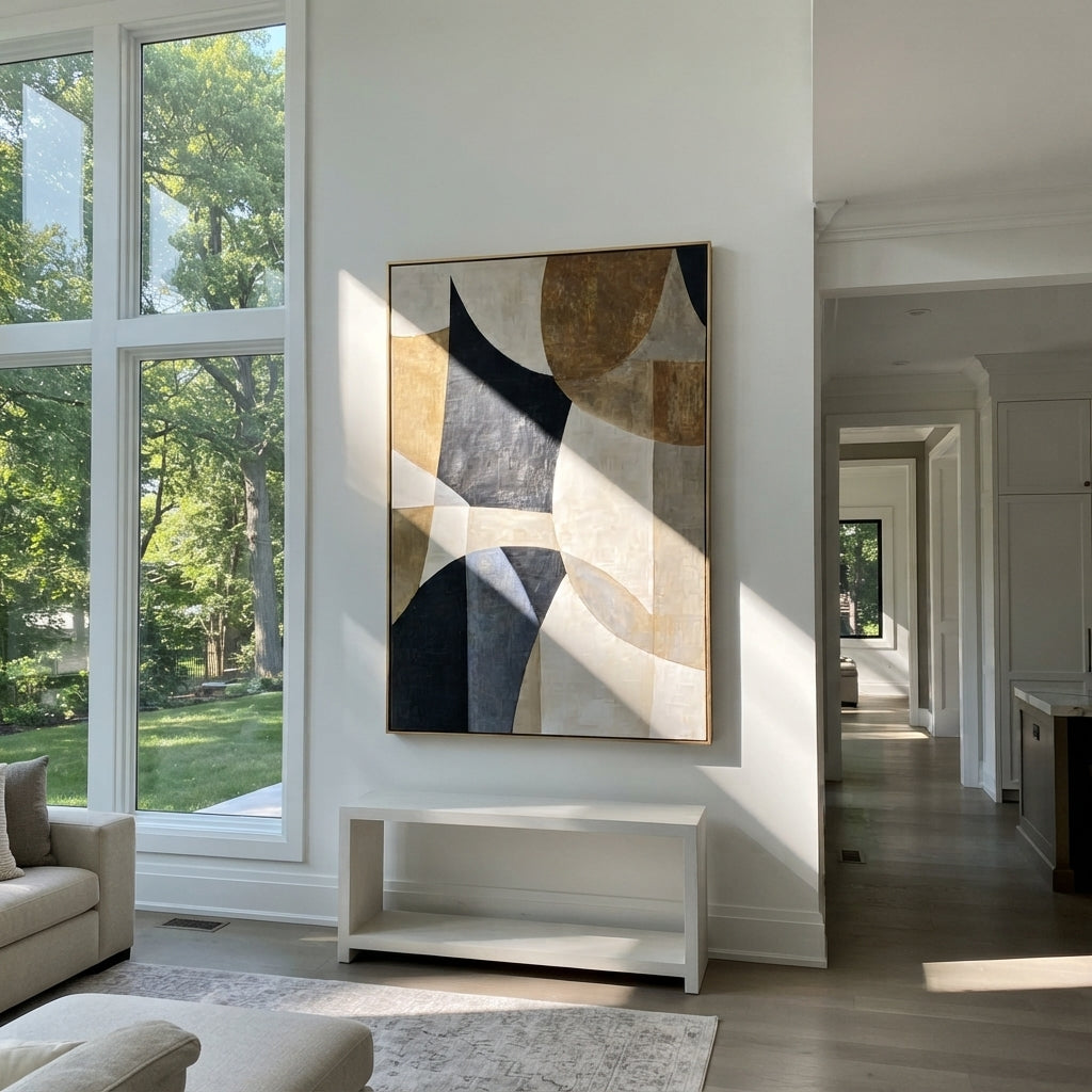 Ivory Slate Linen Crossing Space - textured abstract painting displayed in a styled interior