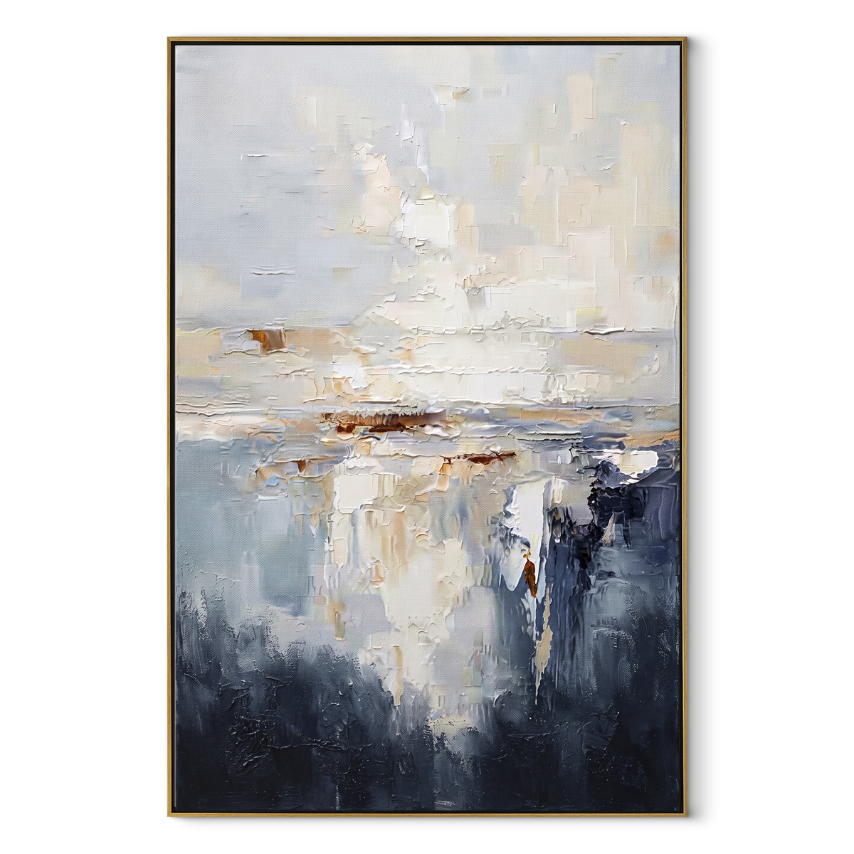 Slate Azure Horizon Rhythm Form - textured landscape painting in a wood frame on white