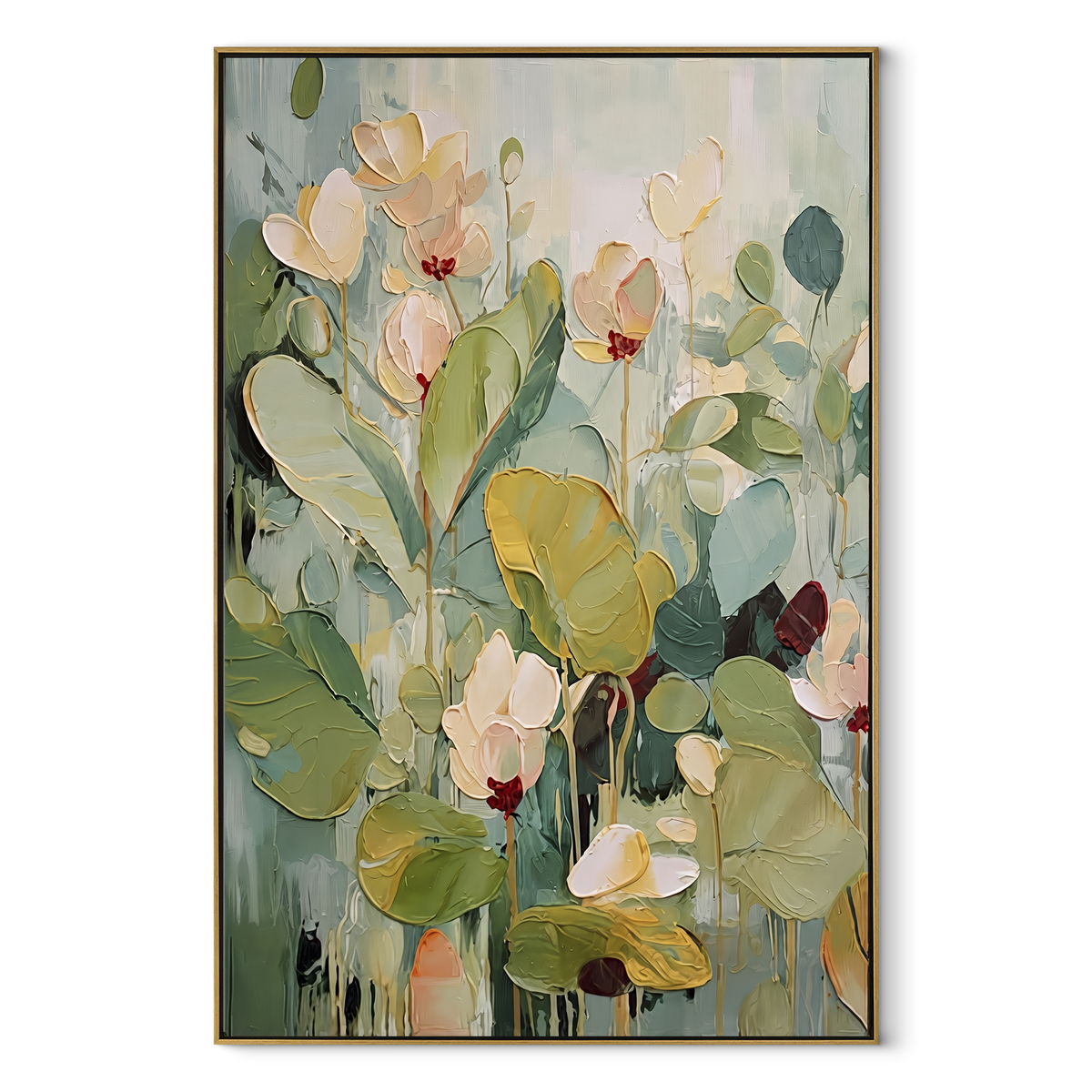 Verdant Slate Gilded Strata Depth - textured abstract painting in a wood frame on white