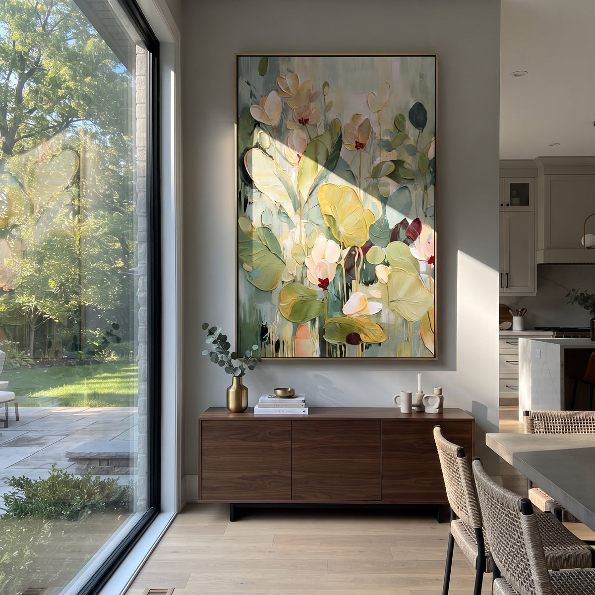 Verdant Slate Gilded Strata Depth - textured abstract painting shown in modern room setting 4